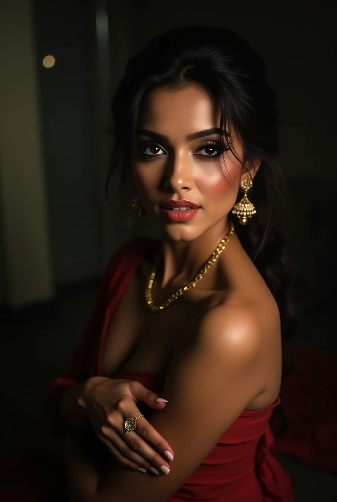 Ultra realistic cinematic soft light and ultra detailed red hour portrait,1girl in, age19, Solo, Long hair, Colossal , Looking at Viewer, black hair, Bare shoulders, Brown eyes, Full body, off shoulders, saree, Realistic, A sexy, 4K, max quality, small breasts, super sharp image, 8K, beautiful pose, playboy model, photo session, red lips, headshot, masterpiece, sex bomb, kashmiri, detailed body, Egyptian dress, chewing lips, highly detailed, seducing, seductive,face only, perfect lightening, white skin, good bright lightening, beach , dancing