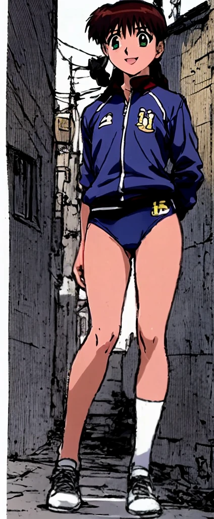 Miyanoshita Satsuki, with her beautiful legs, is standing in the schoolyard wearing a white gym uniform and light navy blue bloomers that look like panties.。