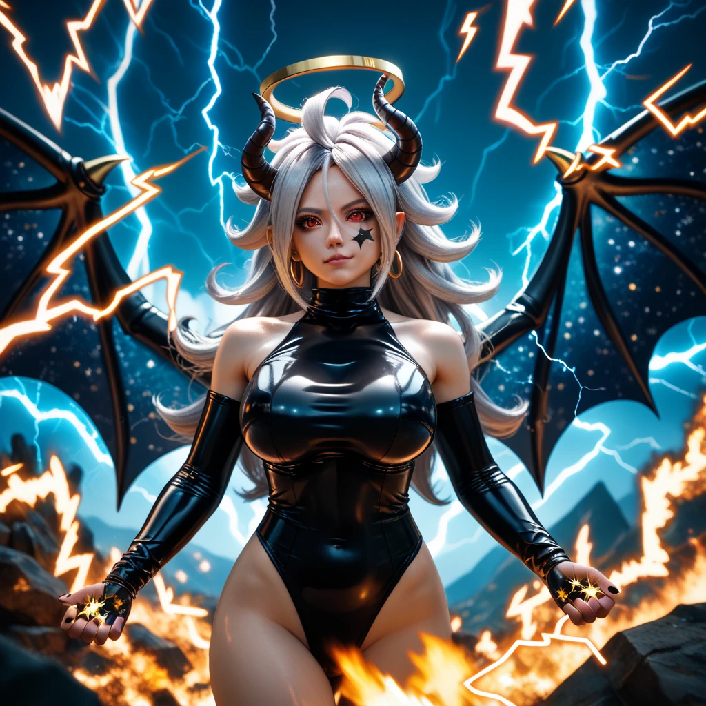Stormy Daniels as a hyper-giant, Hyper-powerful demon with a demon horn on its head and demon wings, and throws purple lightning bolts at a building and breaks buildings , ville en ruine post apocalyptique,