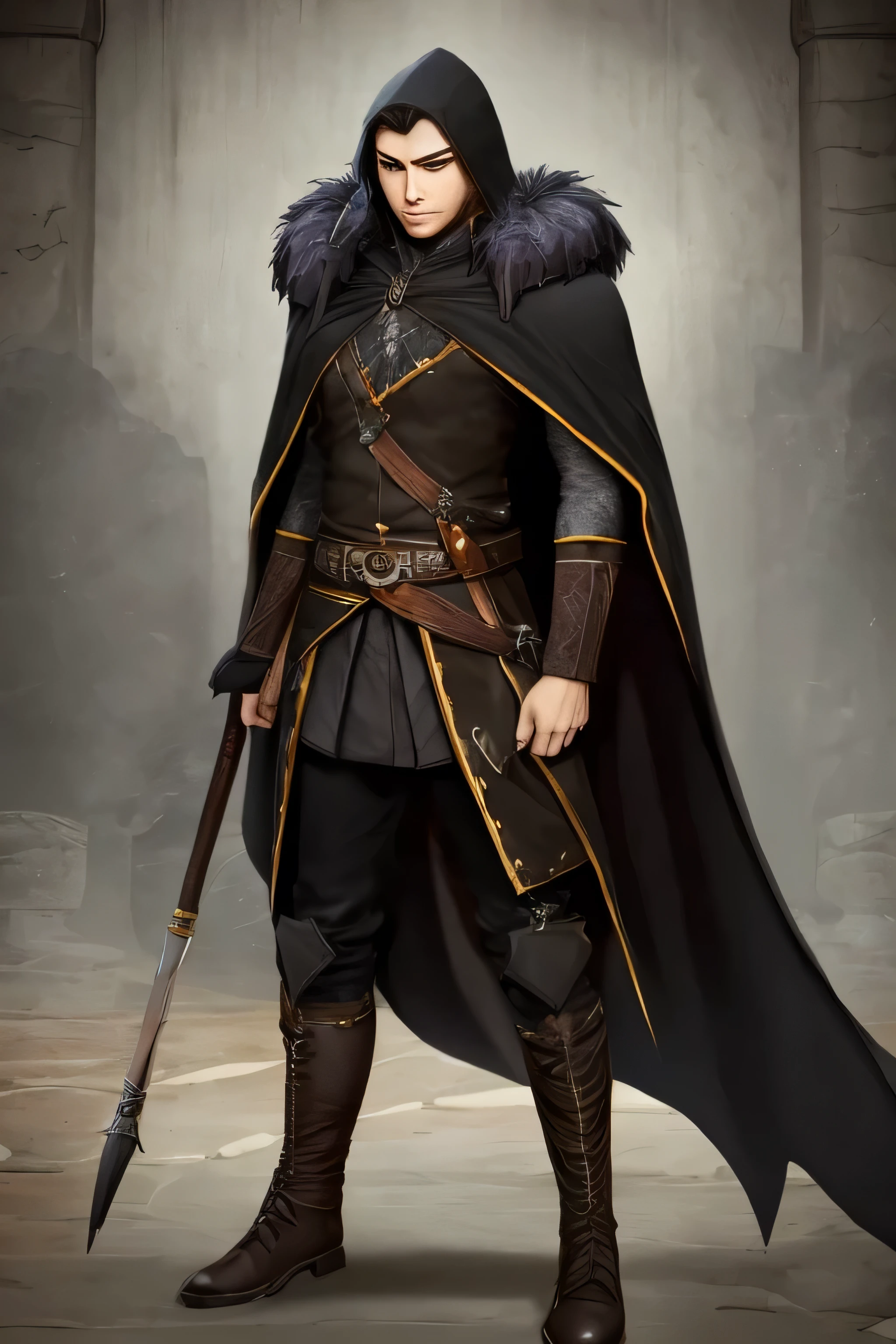 Make an RPG character, who has black hair, black eyes, average height. He wears a cover with black feathers and fur that refer to crows and a hood made of the same material. His clothes are noble