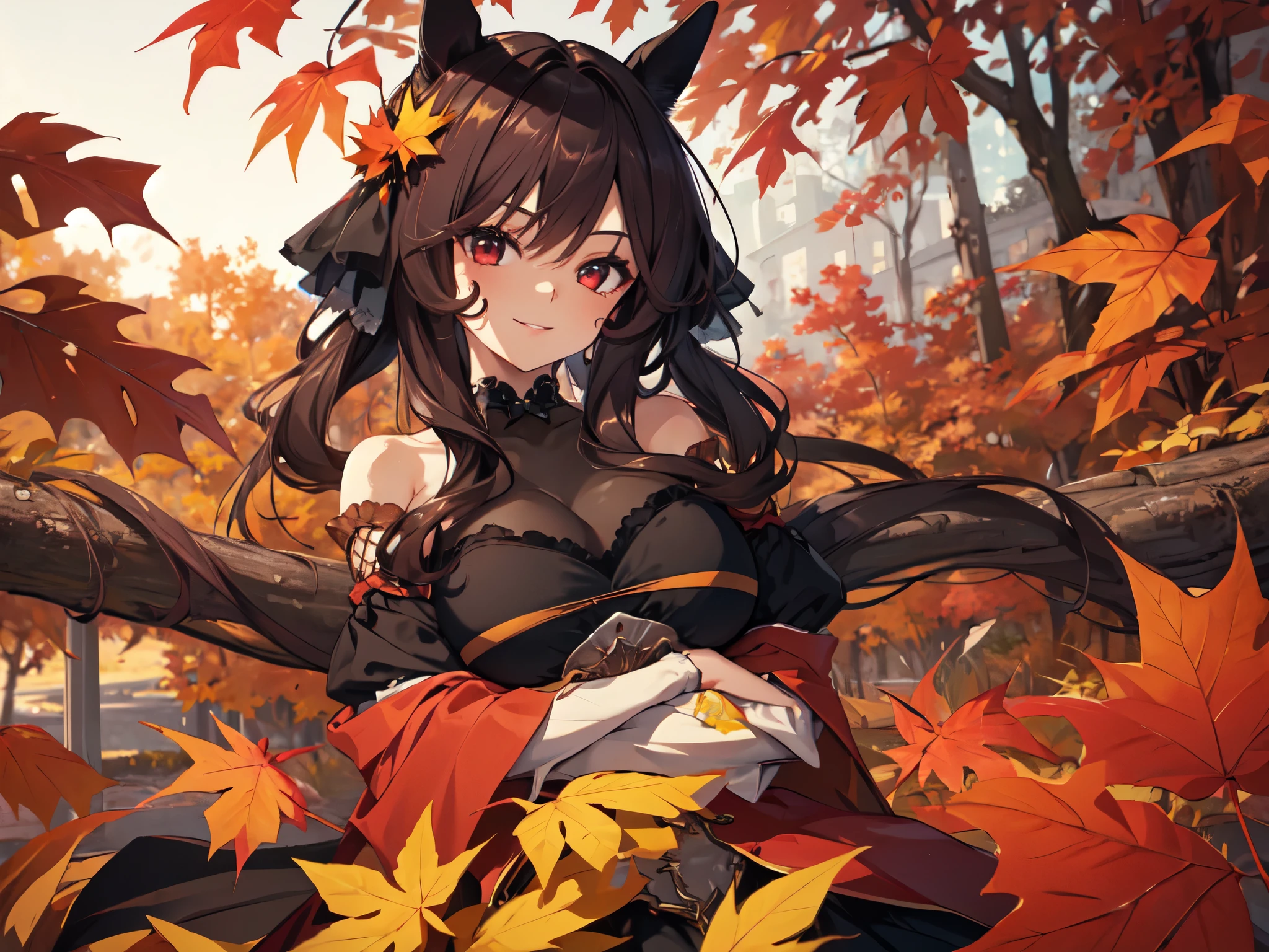 (Solo, 1 girl). (Anatomically Correct, UHD, Retina, Masterpiece, Ultra Detailed, High Detail, Top Quality, Award Winning, High Resolution, 8k). (Focus on breasts). (Big breasted girl with horse ears, makeup). ((Lying on autumn leaves with arms crossed)). (Long black hair). Shoulders visible. Long skirt. Only eyes looking into the camera. Mouth open, seductive smile.