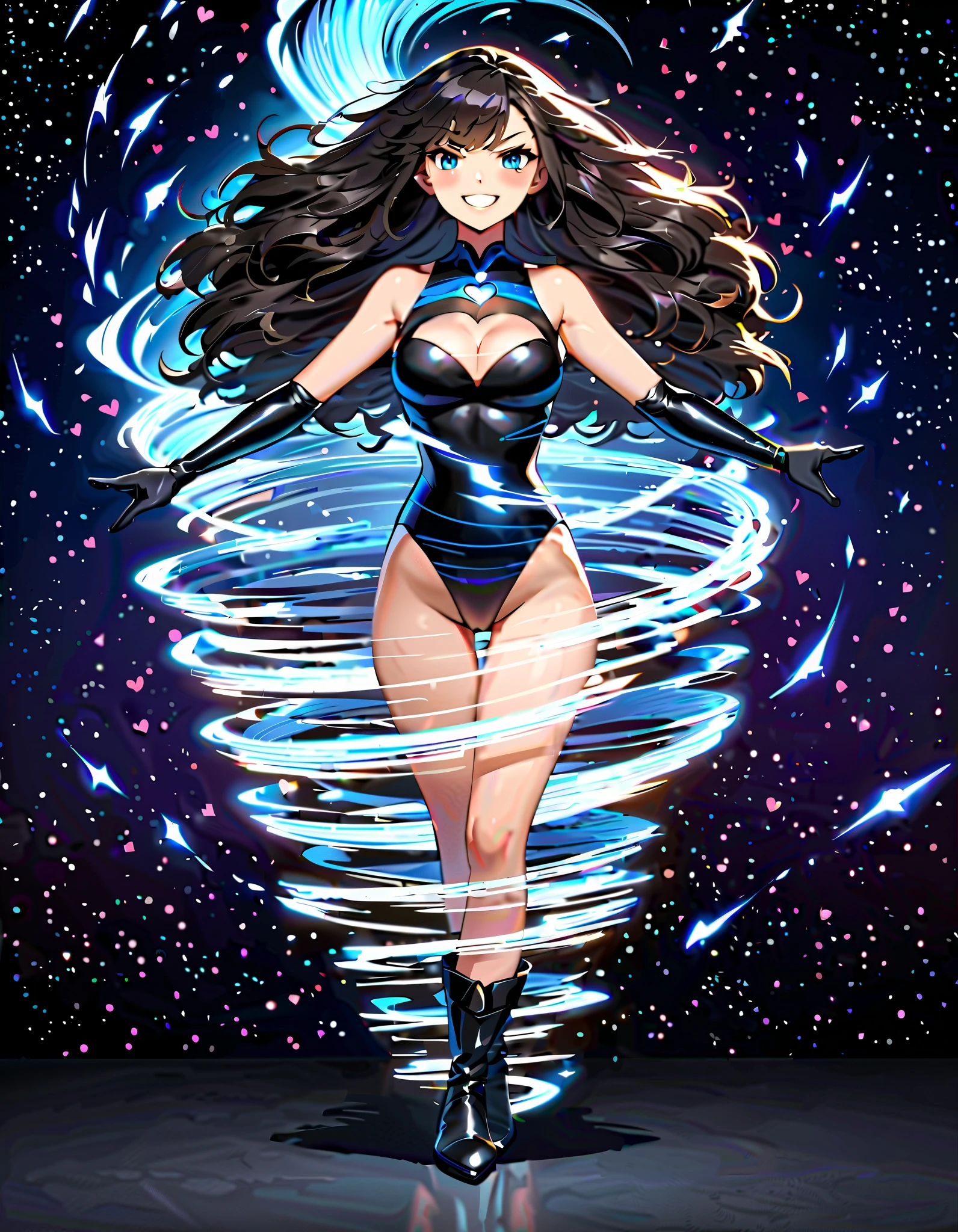 masterpiece, best quality, highres, 1girl, solo, superhero, leotard, bare legs, boots, matching boots, aura, blue aura, sleeveless, gloves, bracelets, matching gloves, looking at viewer, light particles, city backdrop, perfect hands, perfect eyes, powering up, perfect leotard, perfect legs, perfect arms,