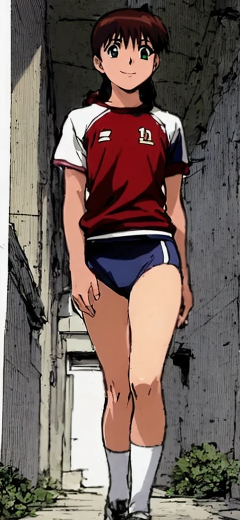 Miyanoshita Satsuki, with her beautiful legs, is blushing and standing in the schoolyard in a white gym uniform and light navy blue bloomers that look like panties.。