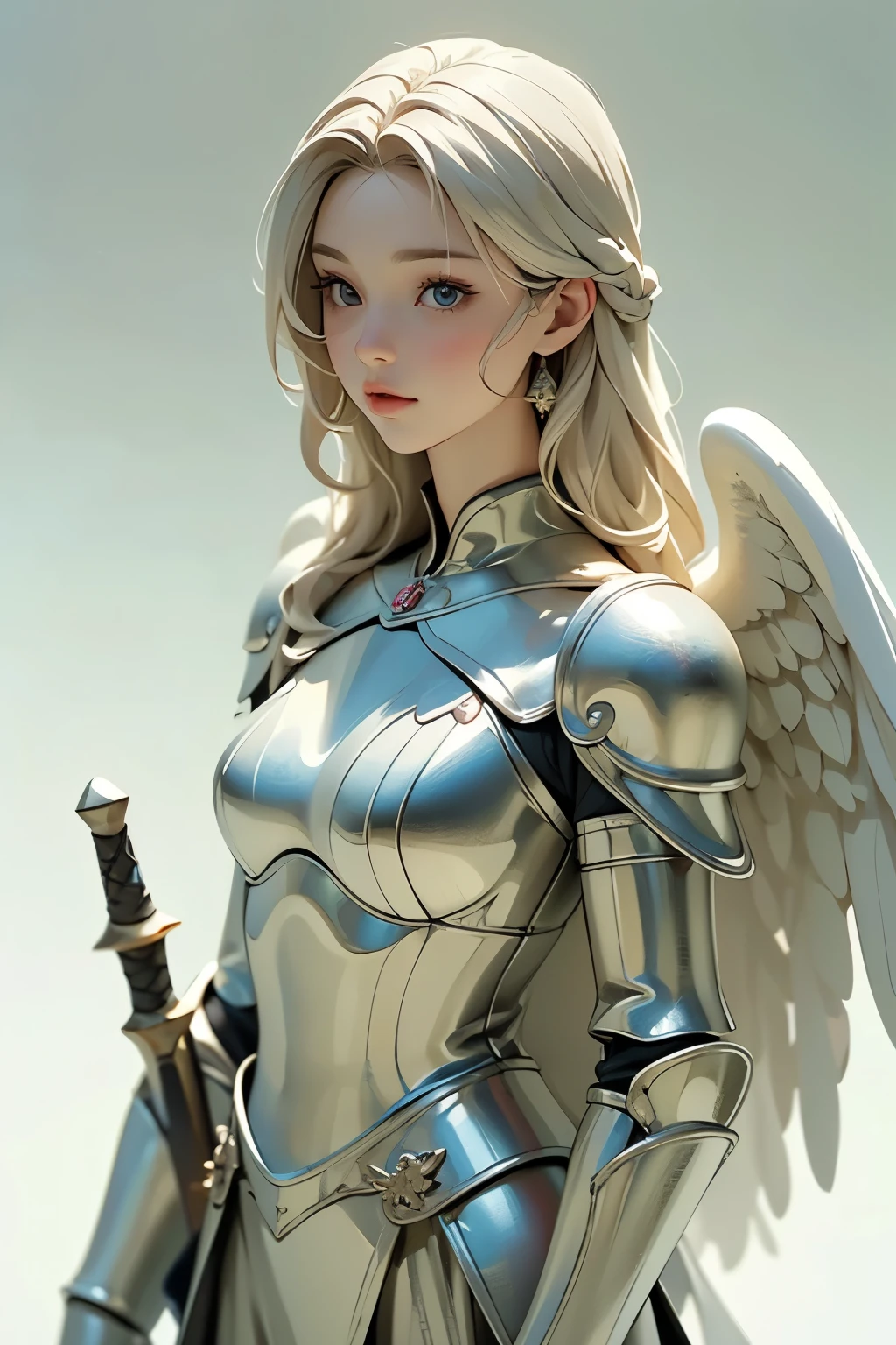 (A young female angel in armor :1.2)、(The figure of a knight、He wears armor, carries a sword, and has a spear and shield:1.2) 、( Valkyrie )、 Angel Wings、 (whole body:1.2)、 (Pure white porcelain figurine )、 detailed face, detailed skin, beautiful hair、Perfect craftsmanship, high quality.
very detailed , movie stills, shallow depth of field , (最 high quality、 high resolution、 Masterpiece)、8k、wallpaper、break ( Use a plain background :1.2)、( white background ;1.2)、