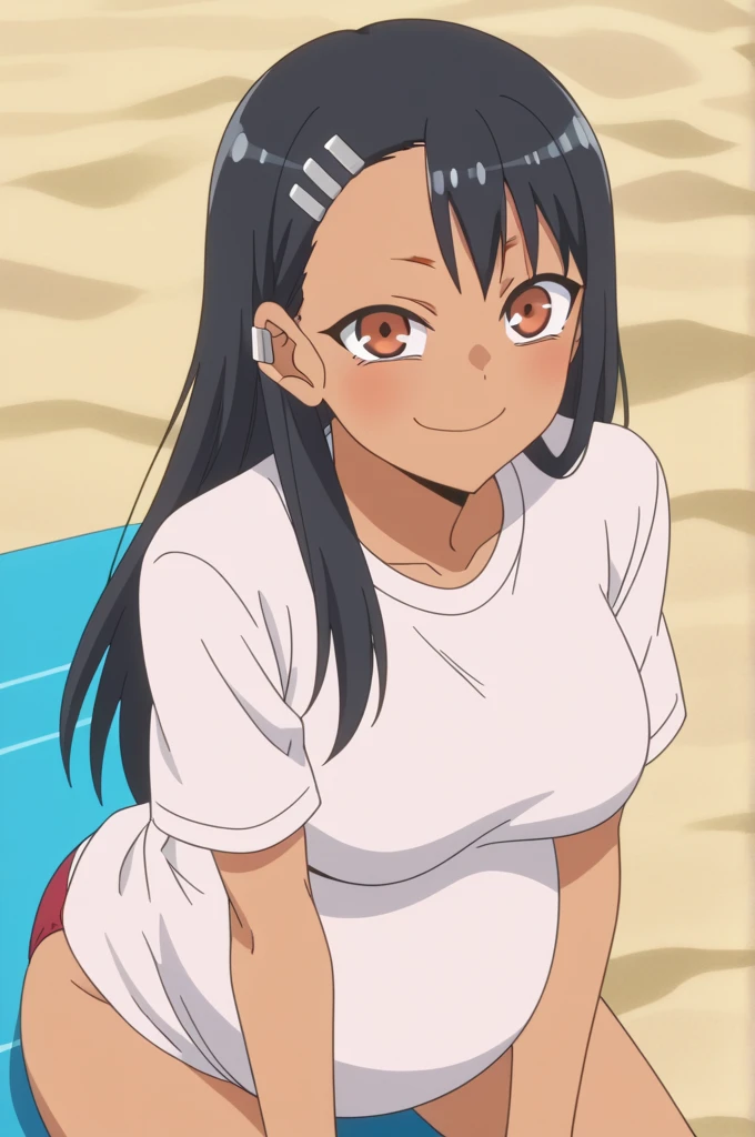score_9, score_8_up, score_7_up, source_anime, anime screencap, anime coloring, 
hayasenagatoro, Happy, smiling,
hayase nagatoro, long hair, bangs, black hair, hair ornament, brown eyes, hairclip, dark skin, dark-skinned female, tan, Shirt, pulling up his shirt, Panties, nail polish, red nails, earclip, Sitting,
indoors, beach, beach background, bent over, smile,
looking at viewer, solo, pregnant, belly, large belly, huge belly, Hands on her hips, Big breasts, beach Background