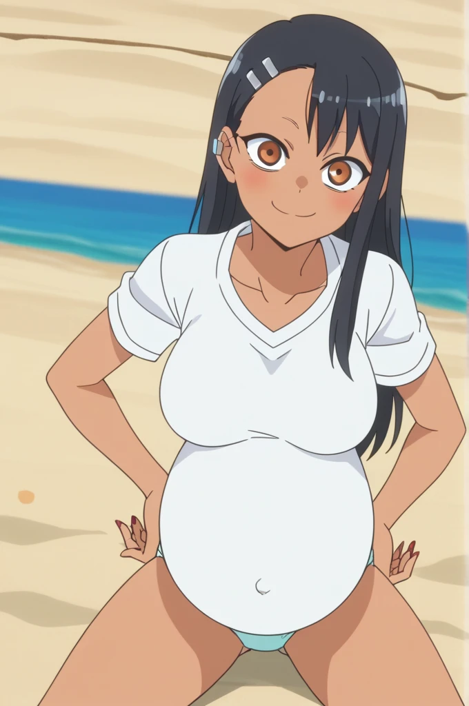 score_9, score_8_up, score_7_up, source_anime, anime screencap, anime coloring, 
hayasenagatoro,
hayase nagatoro, long hair, bangs, black hair, hair ornament, brown eyes, hairclip, dark skin, dark-skinned female, tan, bikini, nail polish, red nails, earclip,
indoors, classroom, bent over, smile,
looking at viewer, solo, ((shows her naked breasts)), ((pregnant belly)), huge belly, rub belly, dancing