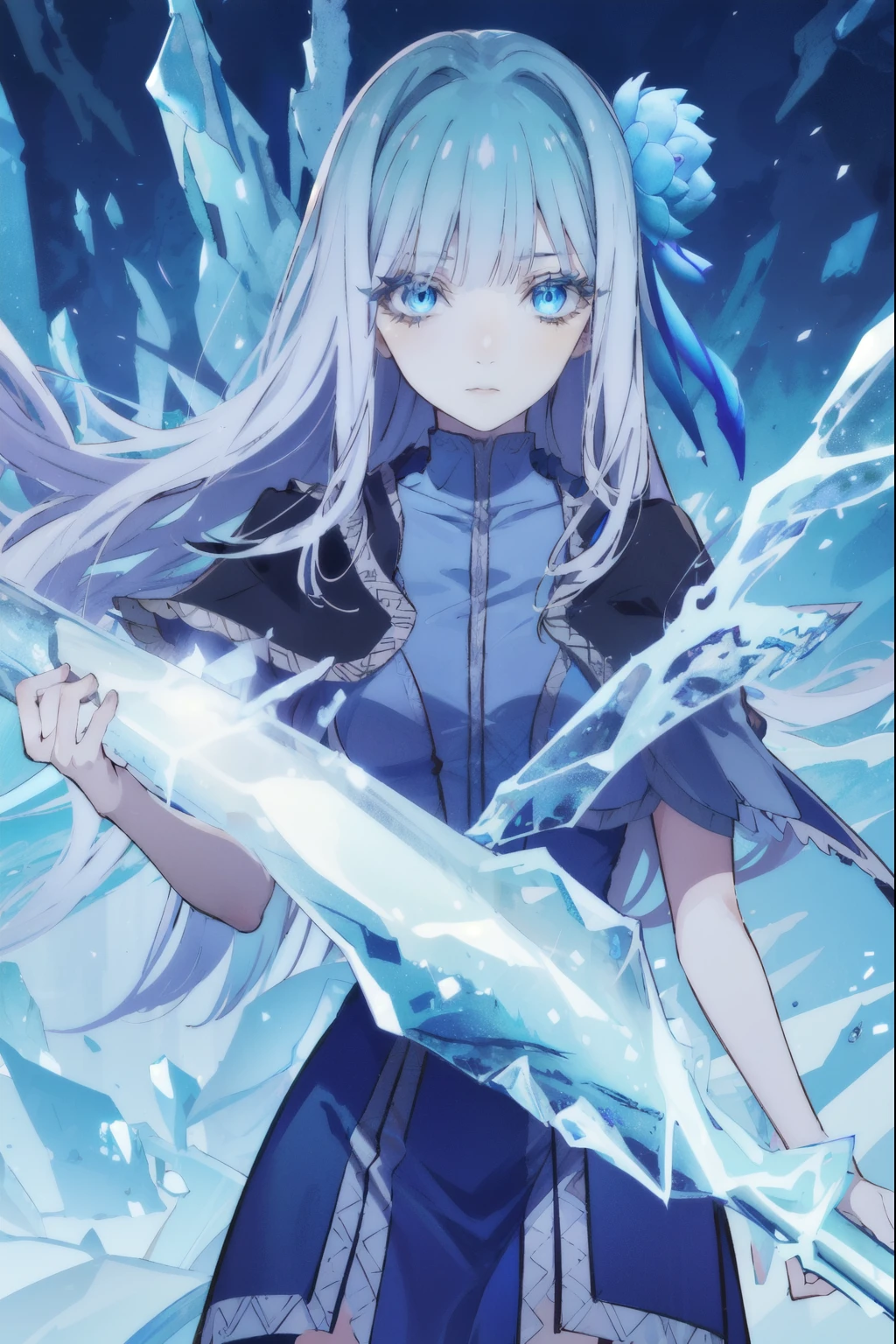 masterpiece, best quality, solo, 1 girl standing beside a ice greatsword, bare leg, look at viewer, huge ice, ice wings background, blue background,
<lora:IsekaiOjisan-Mabel-release-v1.0:0.65>
