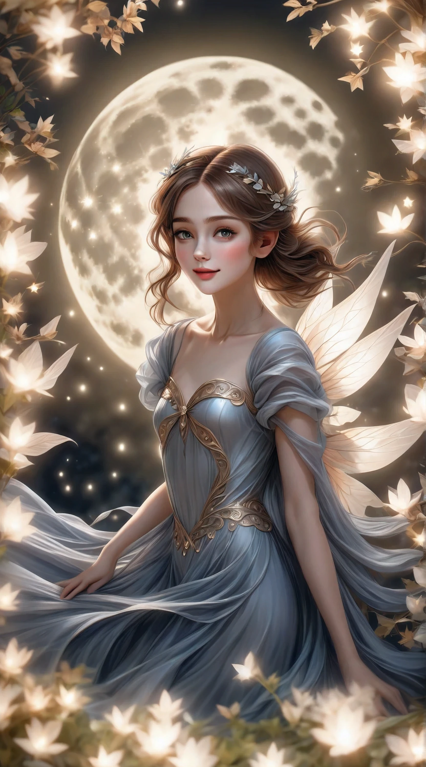 a beautiful brown-haired fairy in a garden under the bright moonlight, delicate facial features, long eyelashes, elegant dress, floating gracefully, (best quality,4k,8k,highres,masterpiece:1.2),ultra-detailed,(realistic,photorealistic,photo-realistic:1.37),fantasy,magical,ethereal,dramatic lighting,glowing moon,lush foliage,vibrant colors