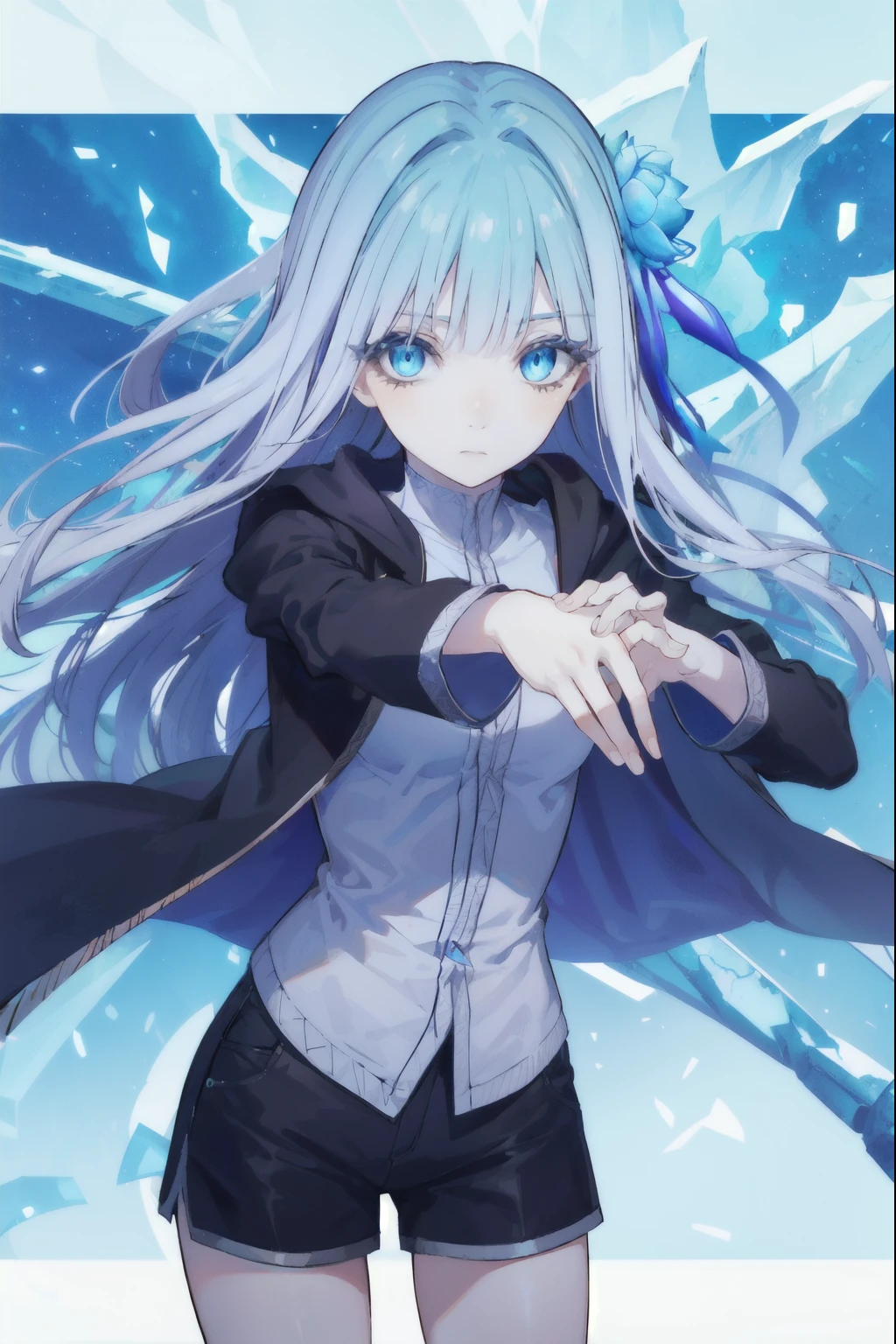 Anime girl with blue eyes and long white hair in a black jacket - SeaArt AI