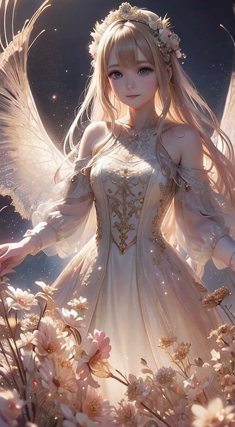 Fairy、 wearing a beige gauze dress 、 wearing wings and flower crowns 、 beige light blond hair 、Beautiful translucent wings 、 smiling in a flowing gauze dress、 detailed close-up 、 the elegant 、A beautiful masterpiece、Meticulous Depiction 、 Artwork、 Ultra Precision Art 、stunning digital art