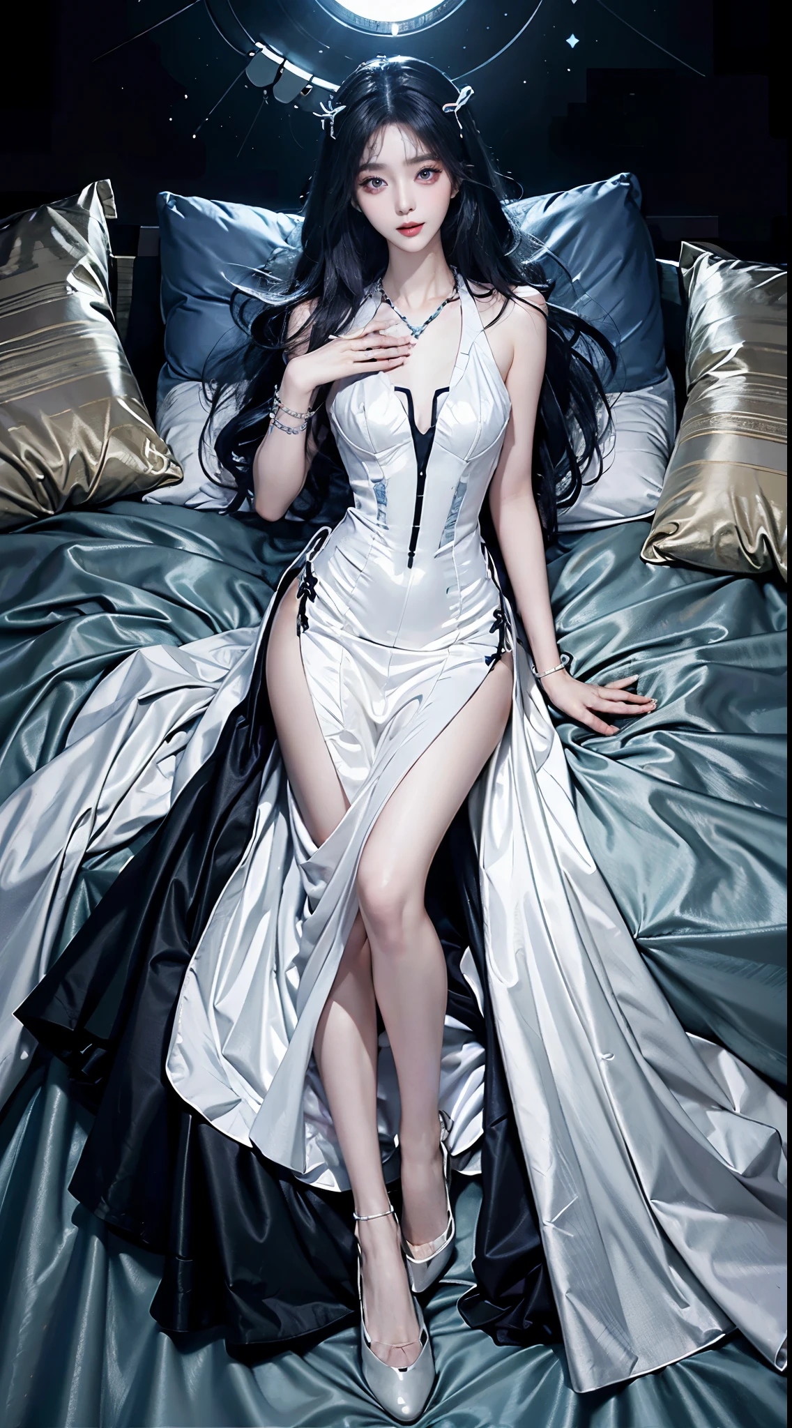 keqingdef,keqingopulent,keqingrnd,, ((full body)), ((from above)), ((Satellite view)), ((Lying in bed)), clear face, pretty face, 8k, masterpiece, original photo, best quality, detail:1.2,lifelike, detail, Very detailed, CG, unified, wallpapers, depth of field, movie light, lens flare, Ray tracing, (extremely beautiful face, beautiful lips, beautiful eyes), intricate, detail的脸, ((ultra detailed skin)), 1 girl, in the darkness, deep shadow, beautiful korean girl, kpop idol,(Very slim figure:1.3), A plump chest, Large breasts, Slender sexy legs, Very nice legs, elegant posture, (bright smile), (City night, (neon lights), (night), beautiful korean girl, white diamond earrings, Diameter bracelet, Dia necklace, clear eyes, (big eyes)