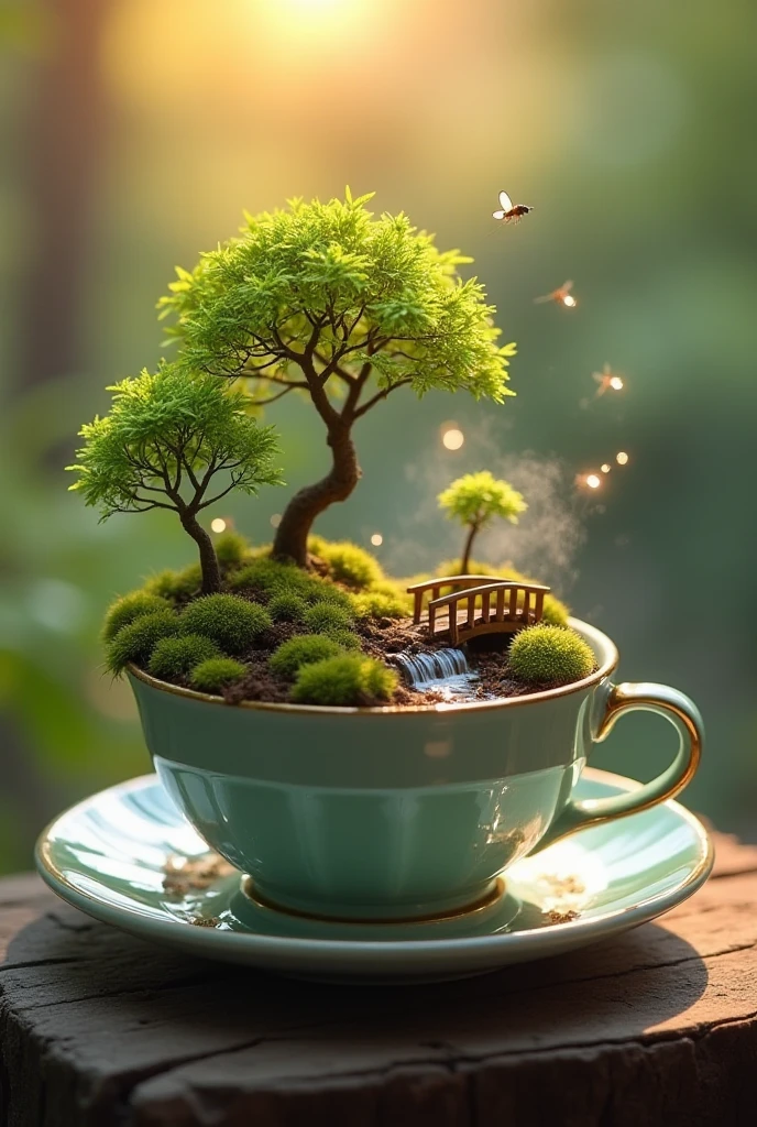 A tiny, lush forest growing inside a porcelain teacup. The cup is filled with mossy soil, and miniature trees with glowing leaves rise from it. Fireflies hover around the rim, and a small wooden bridge spans a stream of steaming tea. The background is soft and blurry, with a warm, golden light illuminating the scene.