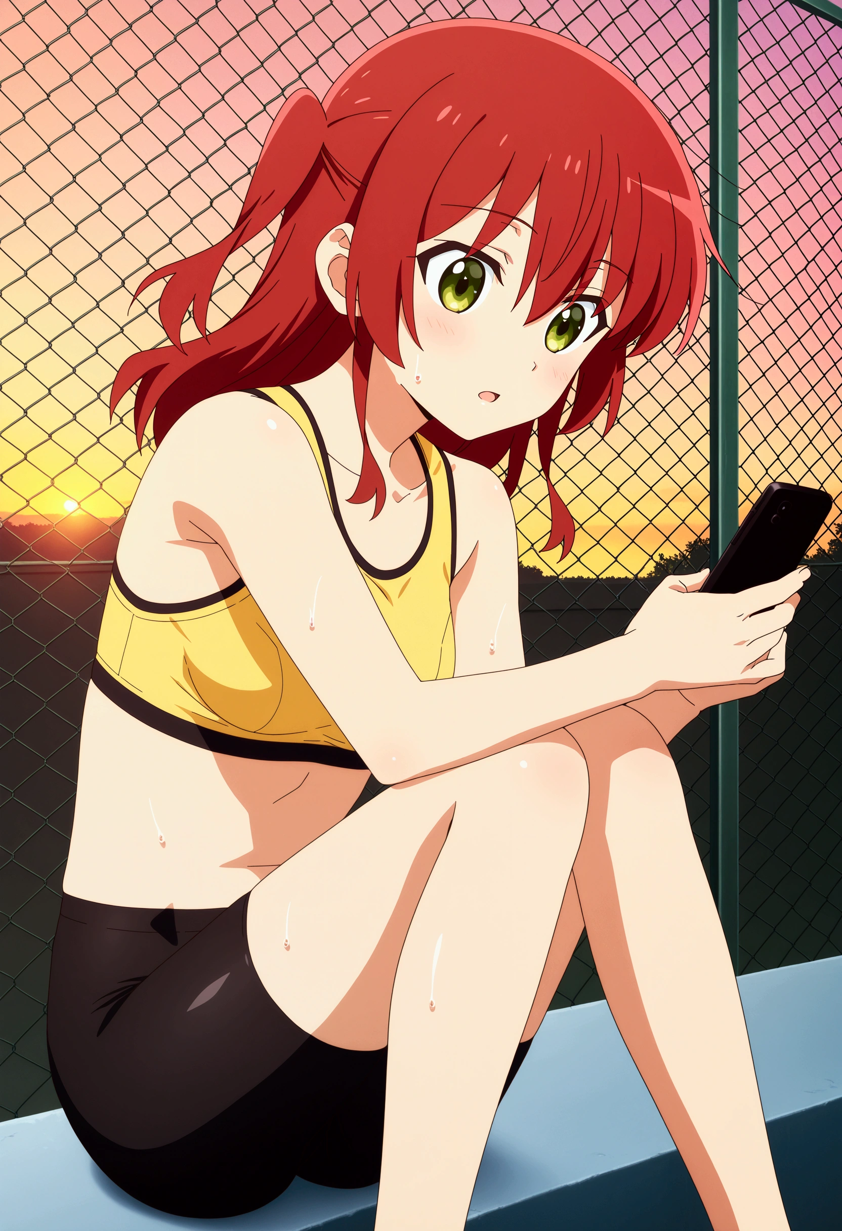 anime character, realistic, BREAK, game cg, cg, anime, anime style, anime coloring, official art, NSFW, R-18, 1girl, kitaikuyo, ikuyo kita, red hair, long hair, green eyes, hair between eyes, one side up, medium breast, bare_shoulders, sports bra, yellow bra, bike shorts, (black bike shorts), sit, outdoors, fence, rooftop, chain_link_fence, scenery, afternoon, sunset, open mouth, solo, holding_cellphone, sweat, side, cropped_legs, blurry, female_focus, facing viewer, from_side, domination, knees_up,