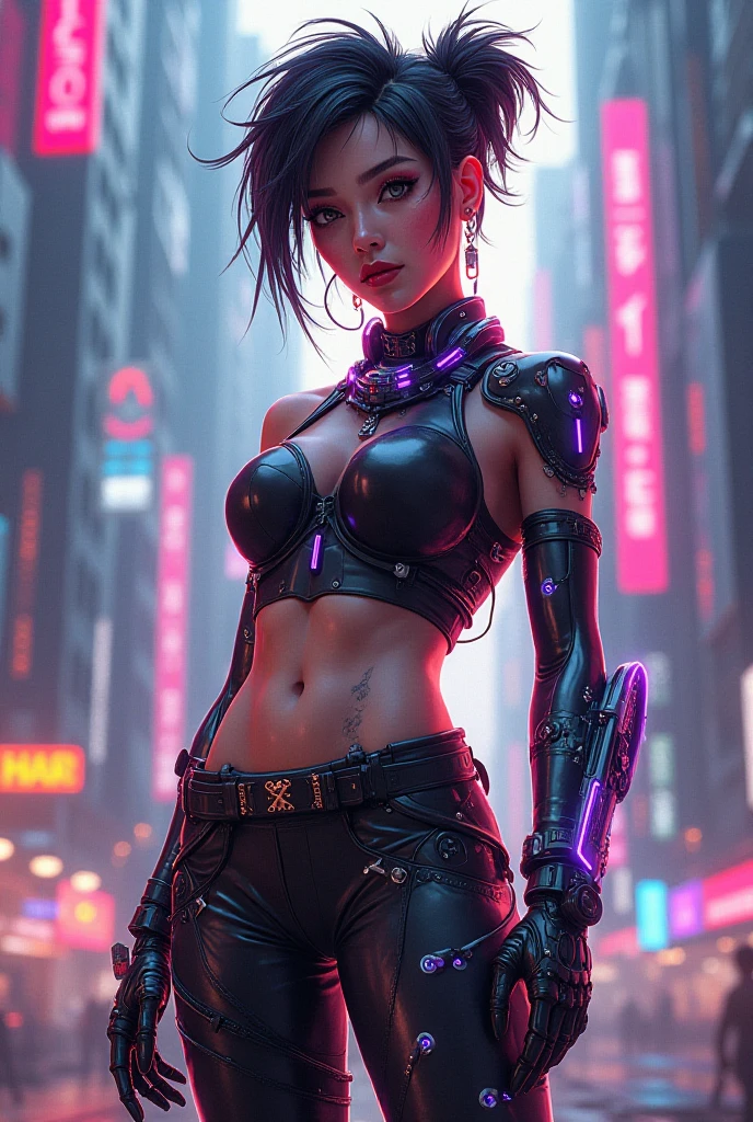 Unreal Engine: 1.4, CG 64K Ultra-realistic, Photorealistic: 1.4, Skin Texture: 1.4, Masterpiece: 1.4, Portrait Unreal Engine: 1.4, CG 64K Ultra-realistic, Photorealistic: 1.4, Skin Texture: 1.4, Masterpiece: 1.4, Closeup shot :1.4, young American woman, topless, small breasts with hard nipples, cyberpunk style clothing, jeans, colorful and striking cyberpunk style clothing, background lighting of the city with warm and vivid colors at night, ((32k Photo)) HDR, super realistic, raw quality, (Hyper-realistic style details, vivid colors: 1.3, dark night sky, cyberpunk buildings, beautiful composition.