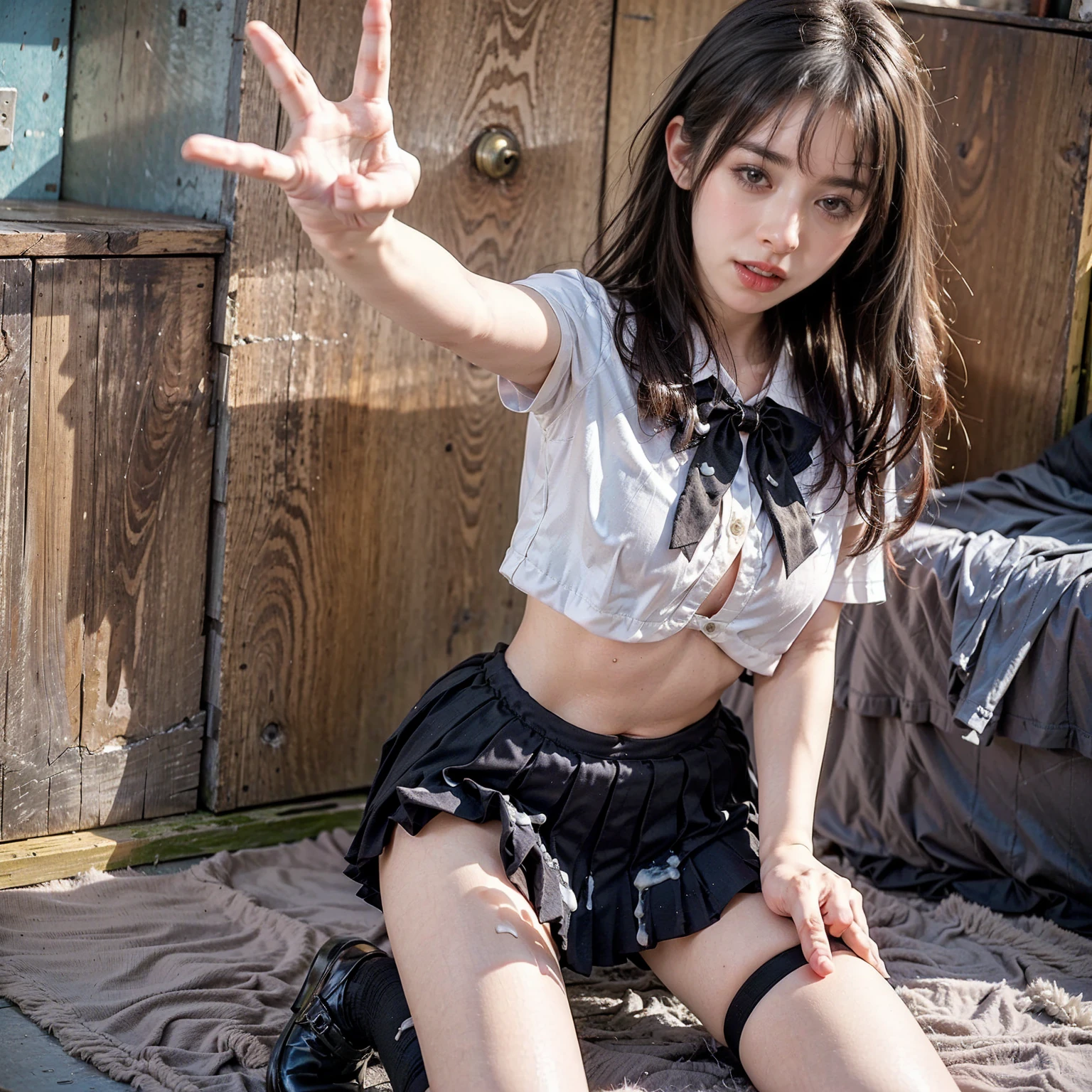 12 years old pretty girl、Cute Junior High School Student、7 head and body、NSFW、Super detailed、High resolution、transcendental beauty　highest quality、masterpiece、knee socks、Majimix Real、(RAW photo:1.2)、(Photoreal:1.4)、Beauty in the beautiful details、and delicate expression、At an old grave in Japan、(straddle the gravestone:1.6)、(boyish:1.5)、blonde、brown hair、blonde、短いウルフヘアのbrown hair、((you can see me))(squat)、PUNK ROCK、Rock singer、earrings、wear fancy wristbands、necklace、(front slit mini skirt:1.6)、eyelash、sparkling eyes、glossy lips、beautiful and detailed eyes、very detailed expression、highly detailed face、movie lighting、positive、(((dynamic pose)))、(open stance))、(The front of my black miniskirt splits.:1.6), Slit skirt、torn leather jacket、Engineer boot, (Open your crotch and expose your pussy:1.5), (Accurately represents the shape of the female genitals:1.5), (Detailed depiction of the labia minora, vaginal opening, Detailed depiction of the clitoris:1.5), (spread your legs wide:1.6), (small breasts、nipple:1.8)、(No panties:1.8)、angle from below