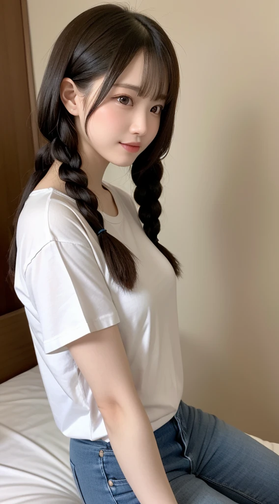 1girl, (white shirt), White shirt, solo, solo, alone, back to the audience, indoors, bedroom, sitting on the ground, vintage console, Nintendo console, gamepad in hand, blonde, braid,