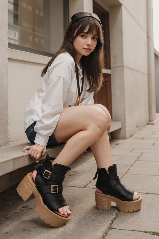 cette fille en photo dans les rues de rome elle porte un manteau de laine marron avec un pull blanc et un pantalon et des bottes noires.
