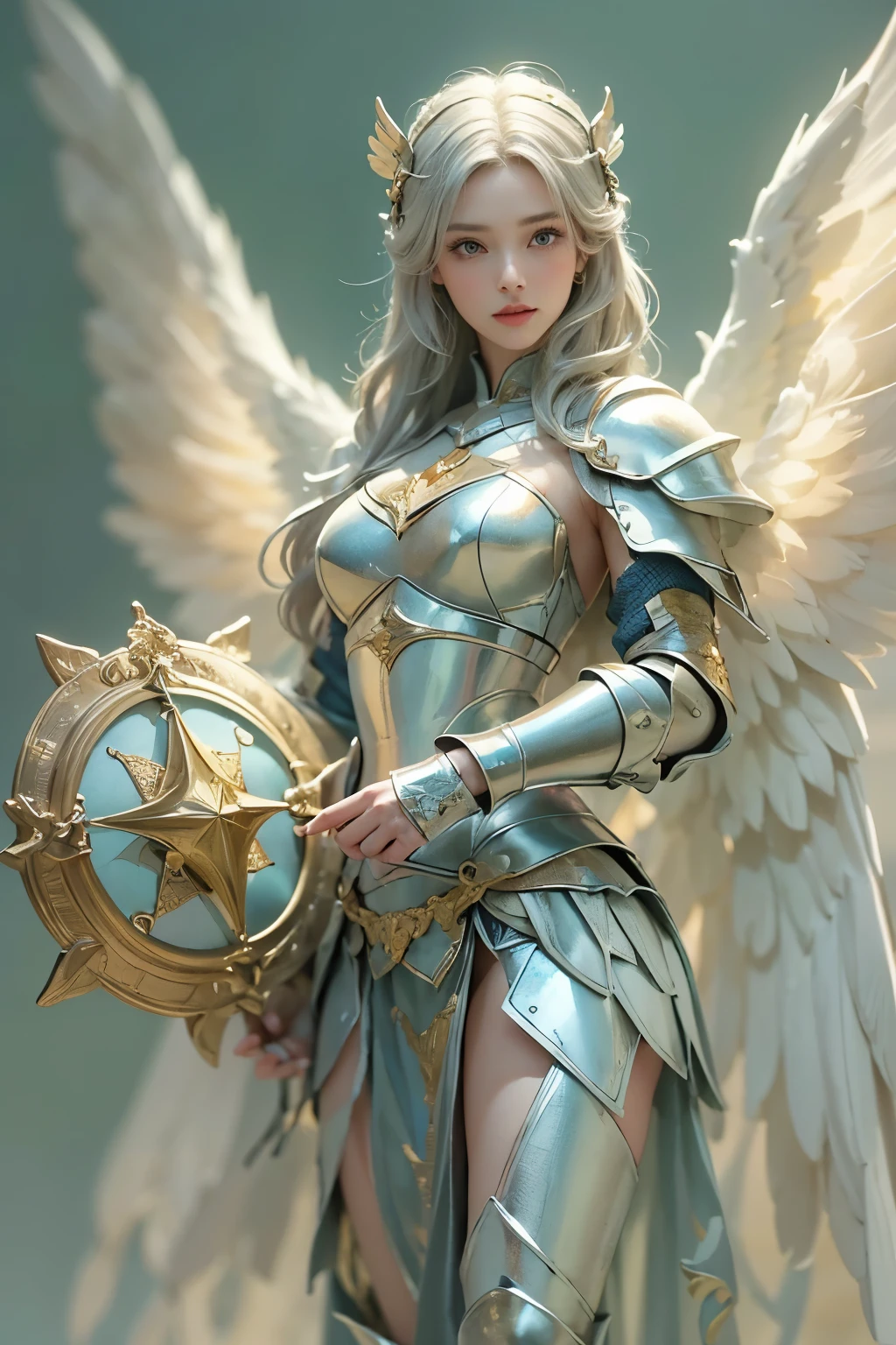 (A young female angel in armor :1.2)、(The figure of a knight、He wears armor, carries a sword, and has a spear and shield:1.2) 、( Valkyrie )、 Angel Wings、 (whole body:1.2)、 (Pure white porcelain figurine )、  detailed face,  detailed skin,  beautiful hair、Perfect craftsmanship,  high quality.  very detailed ,  movie stills,  shallow depth of field  , (最 high quality、  high resolution、 Masterpiece)、8k、wallpaper、Destroying Fibonacci ,   Art by Alphonse Mucha