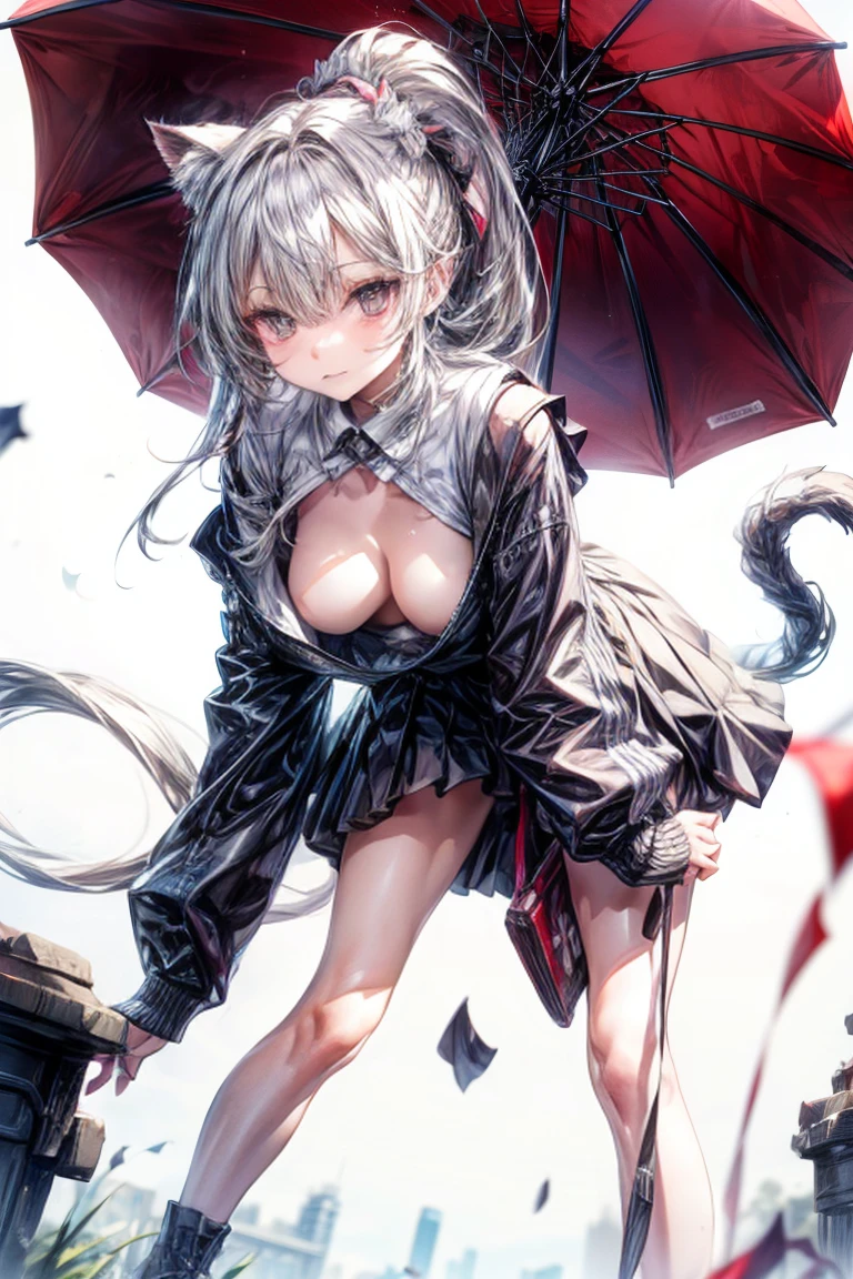 ((Highest quality)), ((masterpiece)), ((detailed)), (nsfw), 1ghost girl, 独奏, pale skin, silver hair, long hair, large breasts, white sundress, pantyless, pussy, spread legs, straddling, yellow eyes, (sad), sad smile, aroused, rain, (wet), (see through), night town, (looking down), (from below), looking at viewer, cowboy shot