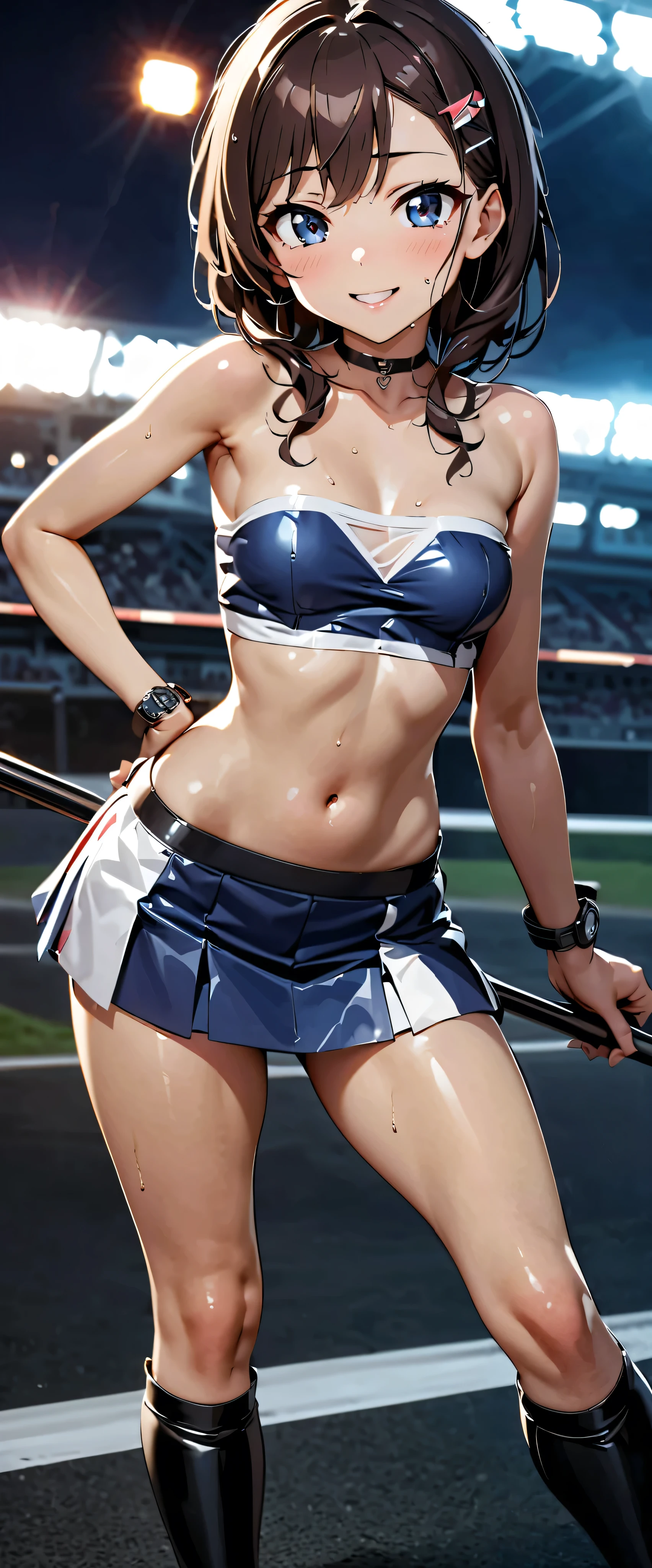 best quality, super high resolution, One person, small breasts, black choker under the chest, smile, exposes shoulders, focus only , Watch viewers,Fair skin,Car racing track, photon mapping, physical based rendering, RAW photos , highly detailed background , K-pop Idol , depth of coverage, hair ornament, detailed face, glowing skin, game cg,whole body, shiny micro tight miniskirt,shiny micro tube top,shiny knee-high long boots, Race Queen, sexy pose,holding a flag,Gloss Lip, wet from sweat