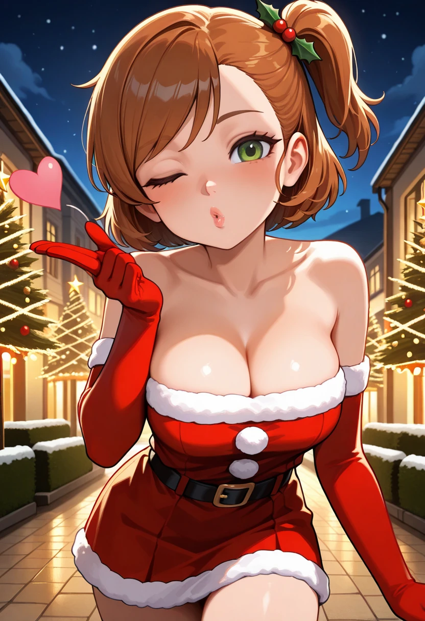 1girl, solo, masterpiece, best quality, high res, highly detailed, (illustration), beautiful detailed eyes,haru okumura, (brown eyes:1.5), brown hair, short hair,, glossy lips, makeup, smile, long white santa elbow gloves, cowboy shot, (santa bikini), red santa bikini, santa hat, bikini, smile, mouth open, city mall background , posing, perfekt body