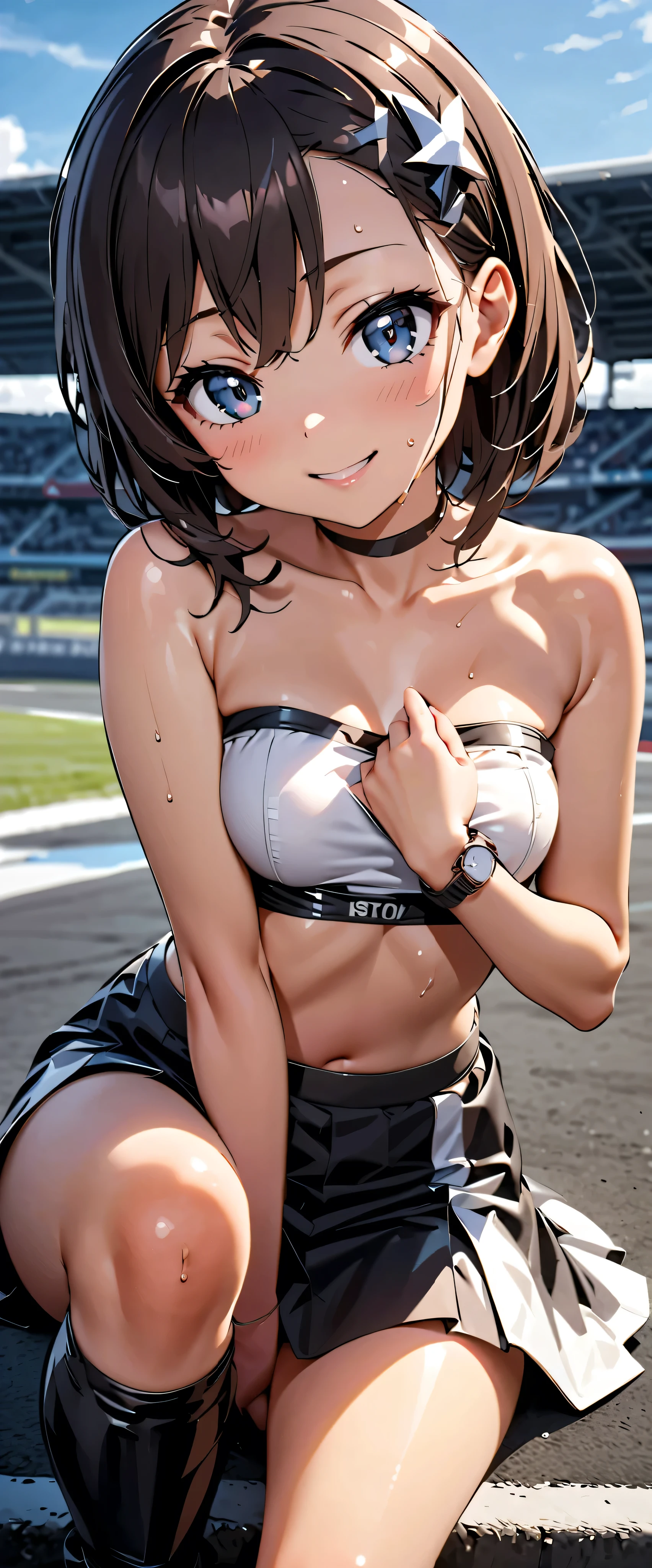  best quality,  super high resolution,  One person,   small breasts,  black choker under the chest, smile,  exposes shoulders,  focus only ,  Watch viewers,Fair skin,Car racing track, photon mapping,  physical based rendering,  RAW photos ,  highly detailed background , K-pop Idol , depth of coverage, hair ornament, detailed face, glowing skin, game cg,whole body, shiny micro tight miniskirt,shiny micro tube top,shiny knee-high long boots, Race Queen, sexy pose,holding a flag,Gloss Lip, wet from sweat