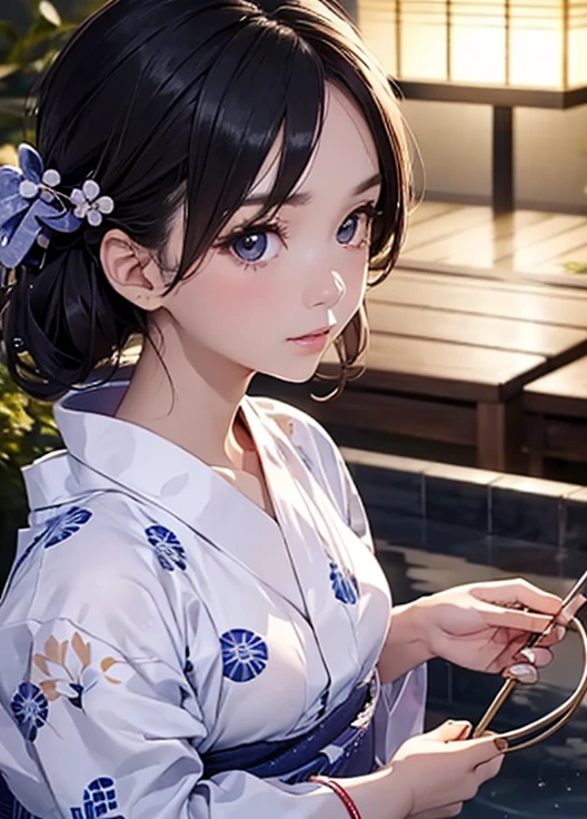 Masterpiece、 top quality、 super high resolution、( is present:1.4)、 very beautiful woman。Translucent, smooth skin、A healthy and attractive appearance。((Face close-up:1.2)), ( Good Style 、Beautiful curves, especially around the and )。( has a well-shaped face 、Combines elegance and glamour)。The hairstyle is glossy semi-long 、Naturally straight or slightly wavy。((yukata:1.4))。The background is an outdoor bath at night, ((30 years old))