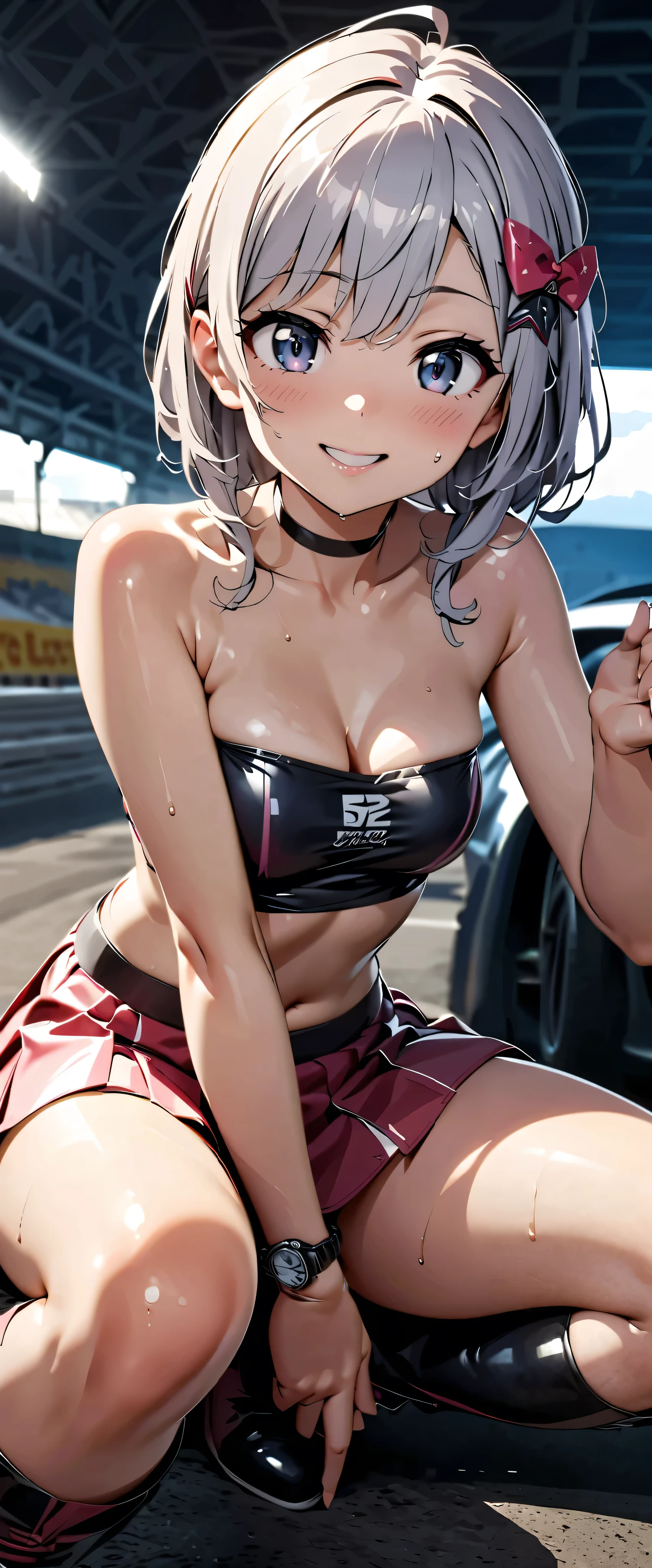 best quality, super high resolution, One person, small breasts, black choker under the chest, smile, exposes shoulders, focus only , Watch viewers,Fair skin,Car racing track, photon mapping, physical based rendering, RAW photos , highly detailed background , K-pop Idol , depth of coverage, hair ornament, detailed face, glowing skin, game cg,whole body, shiny micro tight miniskirt,shiny micro tube top,shiny knee-high long boots, Race Queen, sexy pose,holding a flag,Gloss Lip, wet from sweat