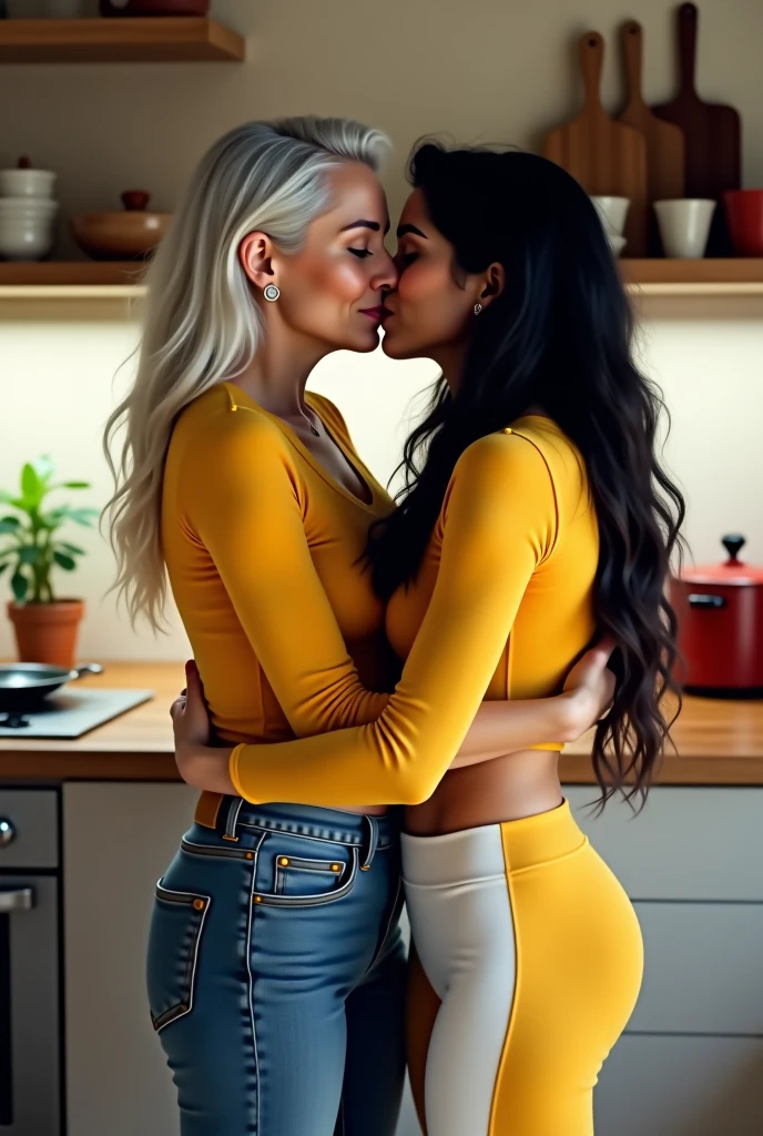 Create a photo of a 30 year old young woman, with a slender and beautiful body, with bare breasts and wearing yellow sweatpants, with white and clear skin, with long light brown hair, scared as she sits on the floor with her legs raised high in the air while being stripped naked and having her breasts rubbed by two nervous black age girls who are standing, ugly, thin, small, dark black skinned, who wears glasses and wears a blue dress