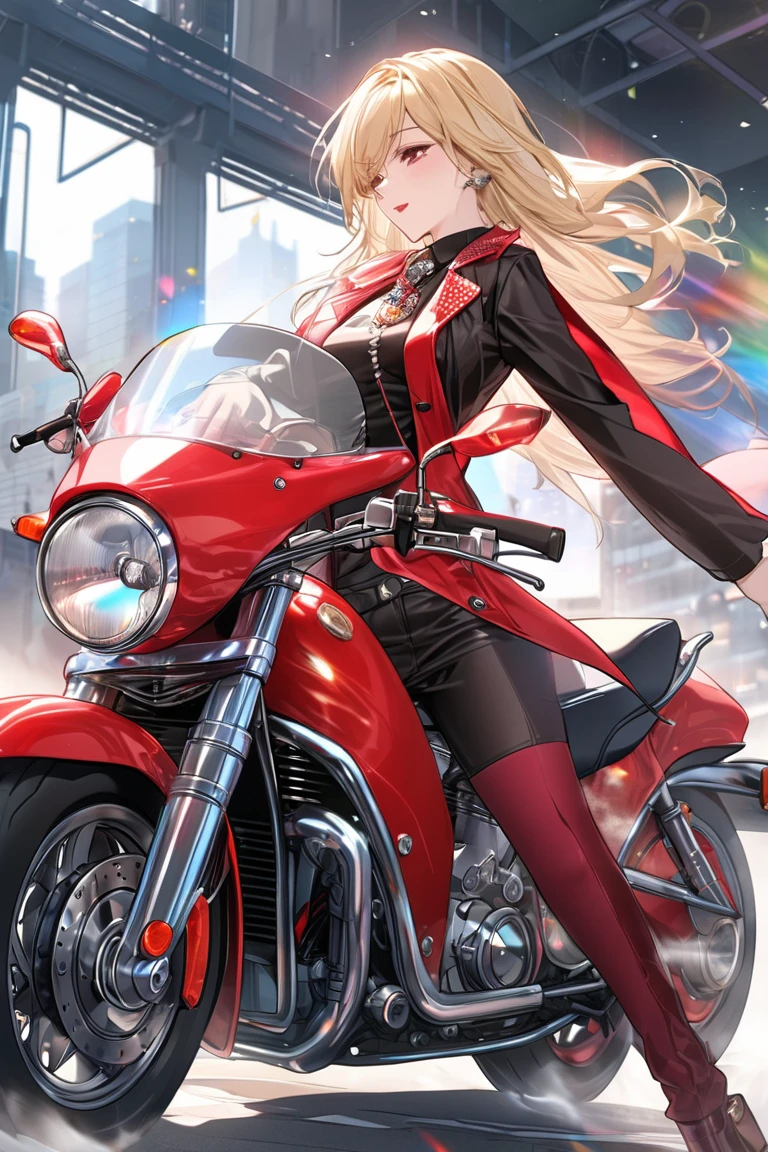 masterpiece, best quality, ultra detailed, girl, santa costume, mechanical suit, blonde, pony tail, red cap, dark purple eyes, fearless smile, looking back, flying, active pose, ride on air bike, night, cyber city, between high buildings
ID