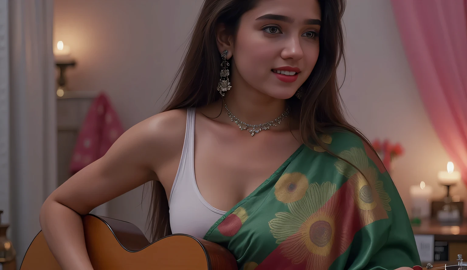 1 girl, sexy 18 year old girl playing guitar, naked girl, pigtails, beautiful face, gorgeous, beautiful, beautiful, beautiful face, An ultra lavish Punjabi wedding scene, A ultra sexy Indian punjabi supermodel wife with a huge round shining hanging and long cleavage line visible in a sexy folded green saree & pink single stripe bra. Very Fair skin:1.5, Note: wife should look like "Movie Actress Neha Sharma". Exposing her beautiful belly button, with a proud smile. pale skin, parts, blonde hair, Blue eyes, full and shiny lips, big lips, thick lips, half-open lips , light pink lip gloss , mask, skinny thighs, petite body, , skinny, flat chest, skinny, big boobs, body(body heigth:140cm), Big Head, innocent look, Young face, long pink nails, choker, feet and heels hd, large hoop earrings pink micro plaid skirt , off her shoulders white tank top, white tight gathered stockings, black patent leather high heels, sweaty, Sitting in a bedroom with candles and a soft warm light. The colors of the room are pink and white , perfect eyes , very detailed eyes, beautiful and expressive , detailed eyes , 35mm photography, Movie, bokeh, professional, 4k, Highly detailed dynamic lighting, photorealistic, 8K, raw, rico, intricate details , desnuda, topless #Character
#Realistic
#Portrait
#Woman
#Lingerie
#SeaArt Infinity
#girl playing guitar