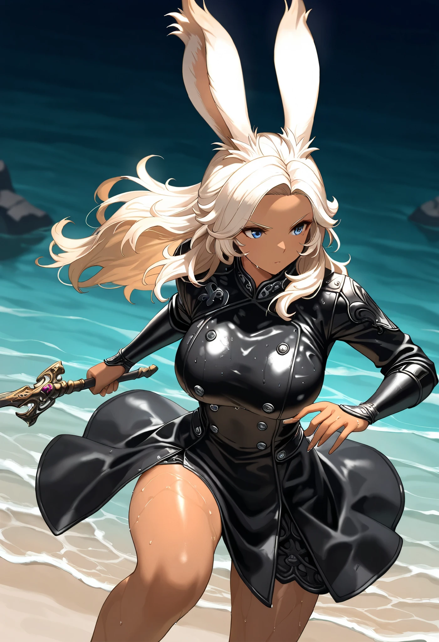 ((best quality)), ((highly detailed)), masterpiece, absurdres, detailed face, beautiful face, (detailed eyes, deep eyes), <lora:more_details:.4>, (1girl), dynamic pose, full body, <lora:hairdetailer:.9>, <lora:NailKaiser:.75>, Nailkaiser, (dark-skinned female, dark skin), white hair, long hair, green eyes, head wings, (white lips, lipstick, makeup), large breasts, smiling, purple dress, puffy sleeves, long sleeves, corset, long skirt, yellow thighhighs, platform boots, (at a beach, afternoon)
