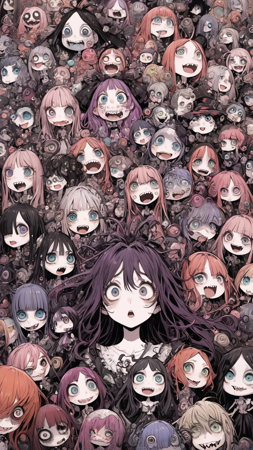 Anime art for two girls，There is a huge eyeball in the middle, with multiple eyes, Fine details.  Tentacles, intricate complexity，anime cgi style,  spiral eyes, Weird,  Scary eyes, Horror， High detail, tmasterpiece，Multiple eyes, Mad eyes