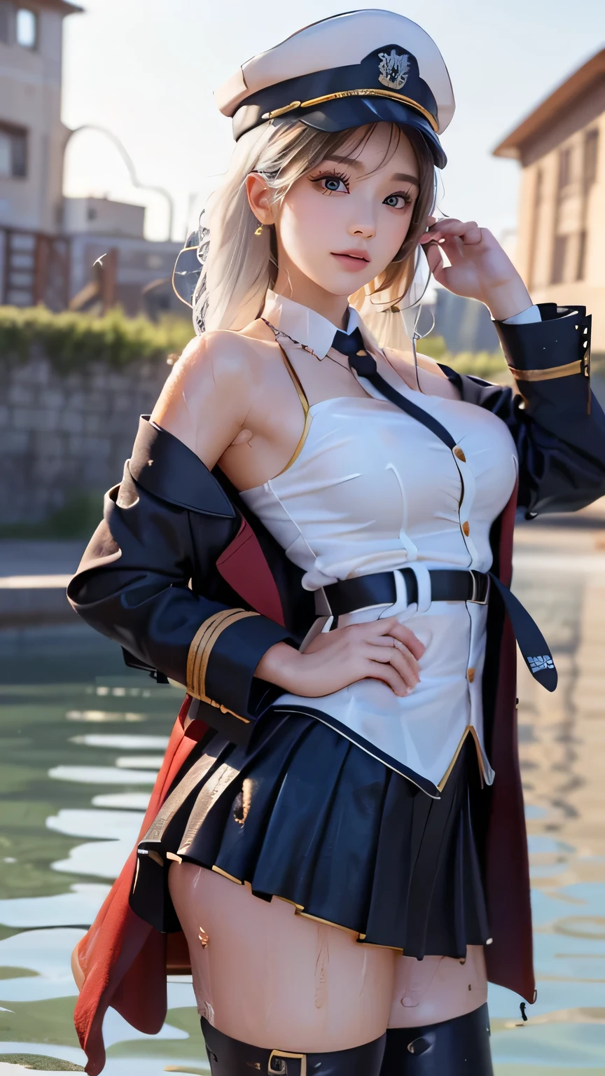 ((( top quality))), (( Masterpiece )), ( Details),(((( seaside background )))), (((((( aaaenter, long hair, white hair:1.8, hat, white headwear, large breasts, black necktie, sleeveless shirt, white shirt, off shoulder, black coat, open coat, belt, pleated skirt, black skirt, black thighhighs)))))),((( slender body :1.4, big breasts, cleavage,Wide ass,Slim waist, thick thighs, cameltoe , camel toes ,cameltoe view, cameltoe,from below, low angle shot))), (( growing skin, white skin)), Mysterious Light, (((( angle that captures face and full body )))), ((( well-prepared face , ecstatic expression))), (( big eyes)), (((((( droopy eyes )))))), (( random angle )), (((( Accurate Anatomy)))), Completely-valid, pink blush, eyeshadow , earrings, necklace ,(((( my whole body is wet, My Hair Is Wet )))),((((eropose, upper body shot)))),