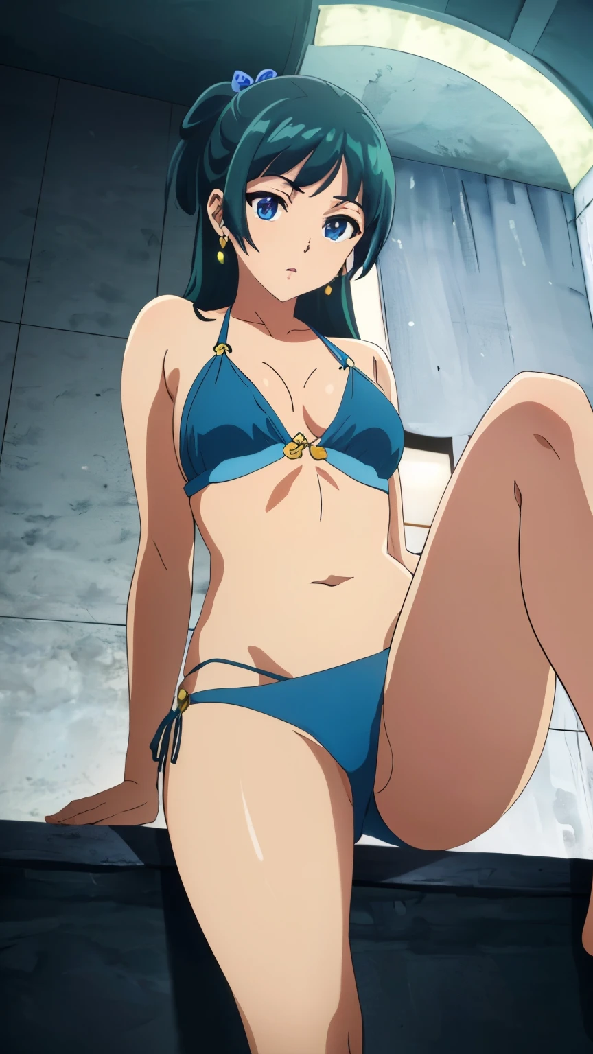 top quality (8k, high resolution, Masterpiece: 1.2), very detailed, Anime Style Art, dynamic angle, ( NFW, bikini, sexy pose, from below, from before , feet , sitting, Put, ), Detailed green hair, with fine blue eyes, complicated hairstyle , long hair, slender body , PERFECT EYE, like々Shii, hair accessories, earrings, half up, Slightly blunt bangs, detailed lighting, bright color, is staring at the viewer, there is, cowboy shot,