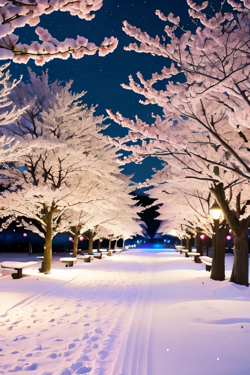 Snowy path with trees and benches in the middle of a park - SeaArt AI