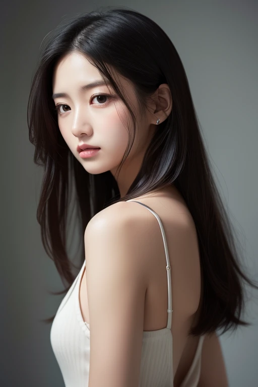 (A 20-year-old Japanese slender beautiful girl), (Small breasts:1.5,)solo, (masterpiece, High resolution, High detail, Highest quality, Very detailed, Ultra high definition, Textured skin,Reality), ((Ray Tracing,Portrait Photography)), Cinematic light effects,Light from an angle, ((realism)), ((Surrealism)),8k octane, ((Natural Makeup)),Aperture value F1.8, (((Black Hair, Shiny Hair, One medium length hair))),((Profile photo,Knitted sleeveless))