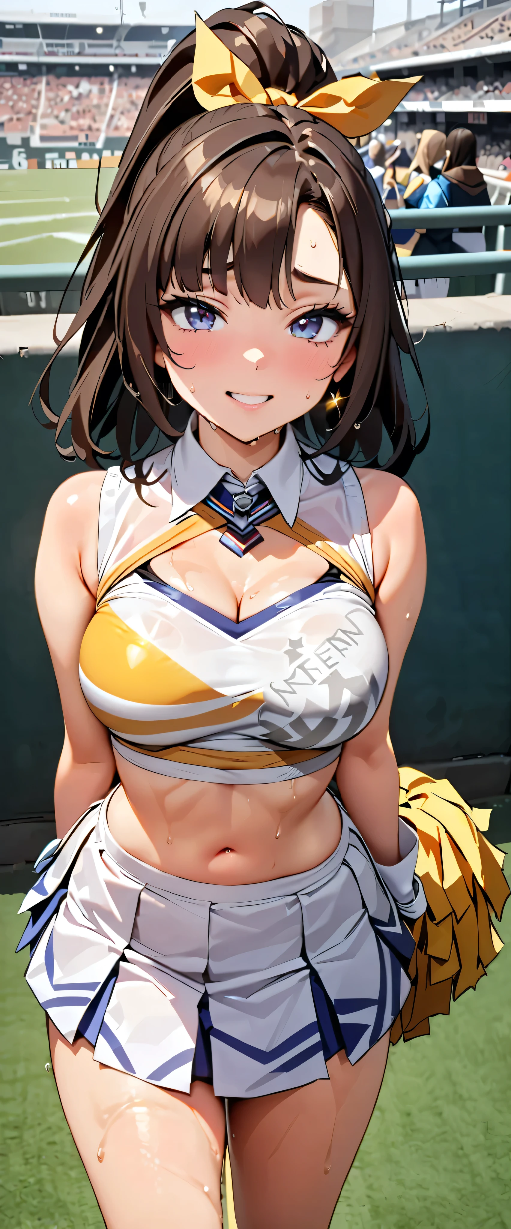 (Masterpiece, best quality, super A high resolution ),Japanese woman alone, ((( very pretty girls ))), cute girl、Staring at the photographer、 (()), very cute face, glossy lips like M-shaped open legs , , natural smile 、 natural cosmetics, long lashes, Glossy smooth hair、, Perfect Limbs , perfect anatomy,(((Shining cheer uniforms, cheerleader, cheerleader, tube top)))) stadium,, sweaty,((( tube top)))Gloss Lip, My body is wet from sweat