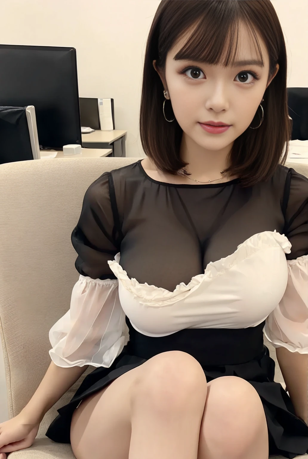 Open your mouth wide,sticking out the tongue,looking at from the front,Face Zoom,Looking up,sit a chair,Black lace bra,Wearing a short black tight skirt,Watching from above,Photoreal Stick,