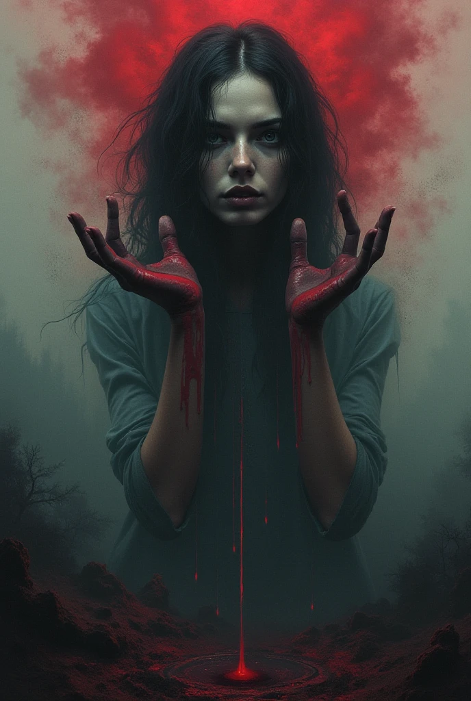 1girl with very long hair and grey eyes, and bloody hands with a wicked looking smile, she is barefoot, messy hair, and raggedy short dress