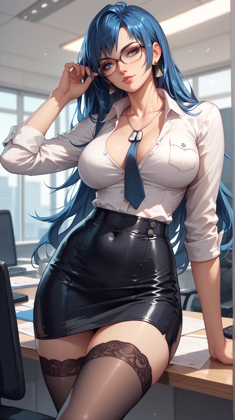 Nsfw, Masterpiece, 8k, art style by sciamano240, very detailed face, detailed clothes, detailed fabric, 1girl, beautiful face, asymmetrical long hair, light blue hair, wearing cute office clothes, pencil skirt, Dior thigh boots, black stockings ,very detailed blue cat eyes, posing standing in front of window , cute smirk, sunny office setting, full body view, sultry expression,