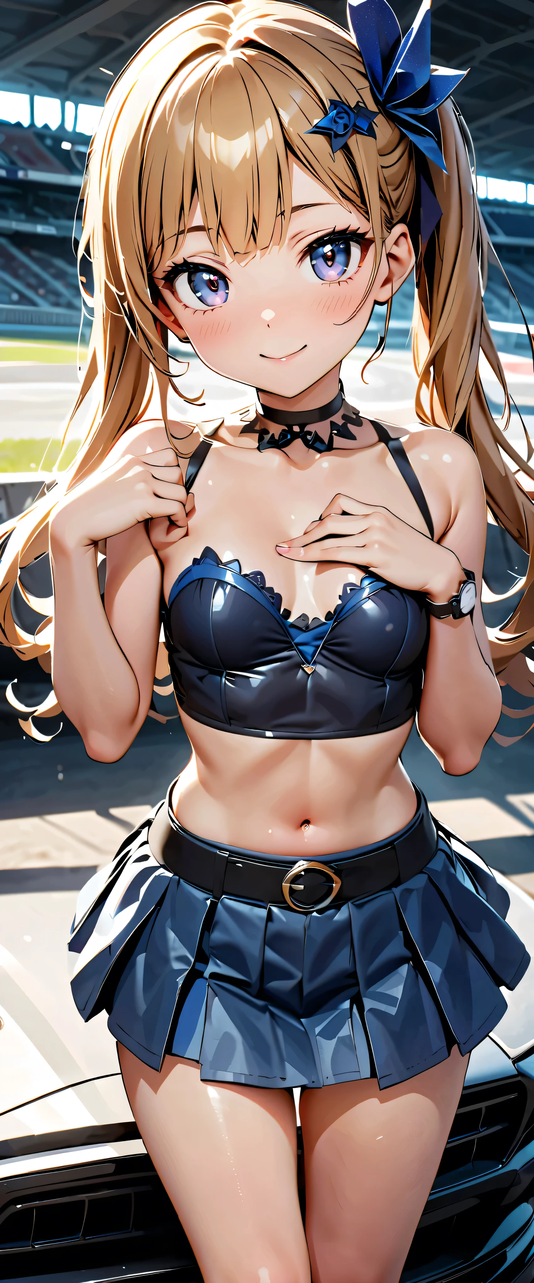 best quality, super high resolution, One person, small breasts, black choker, smile, exposes shoulders, focus only , Watch viewers,Fair skin,Car racing track, photon mapping, Physically Based Rendering, RAW photos , very detailed background, K-pop Idol , depth of coverage, hair ornament, detailed face, glowing skin, game cg,whole body, shiny micro mini skirt,shiny micro tube top,shiny long boots lace queen, small tits, cute pose , sports car,,