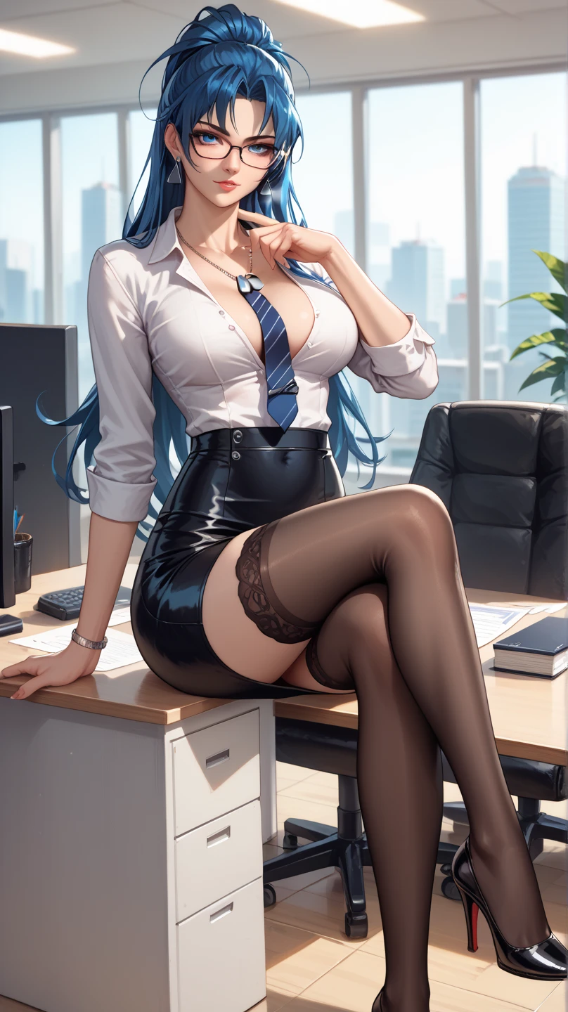 1girl, natural lighting, masterpiece, highly detailed, illustration, game CG, absurdres, high quality, medium breasts, long black hair with bangs, green eues, lightly curled hair, freckles, glossy lips, looking at viewer, lips parted, office, white blouse, cleavage, short black pleated miniskirt, high heels, sitting, (legs crossing:1.5)