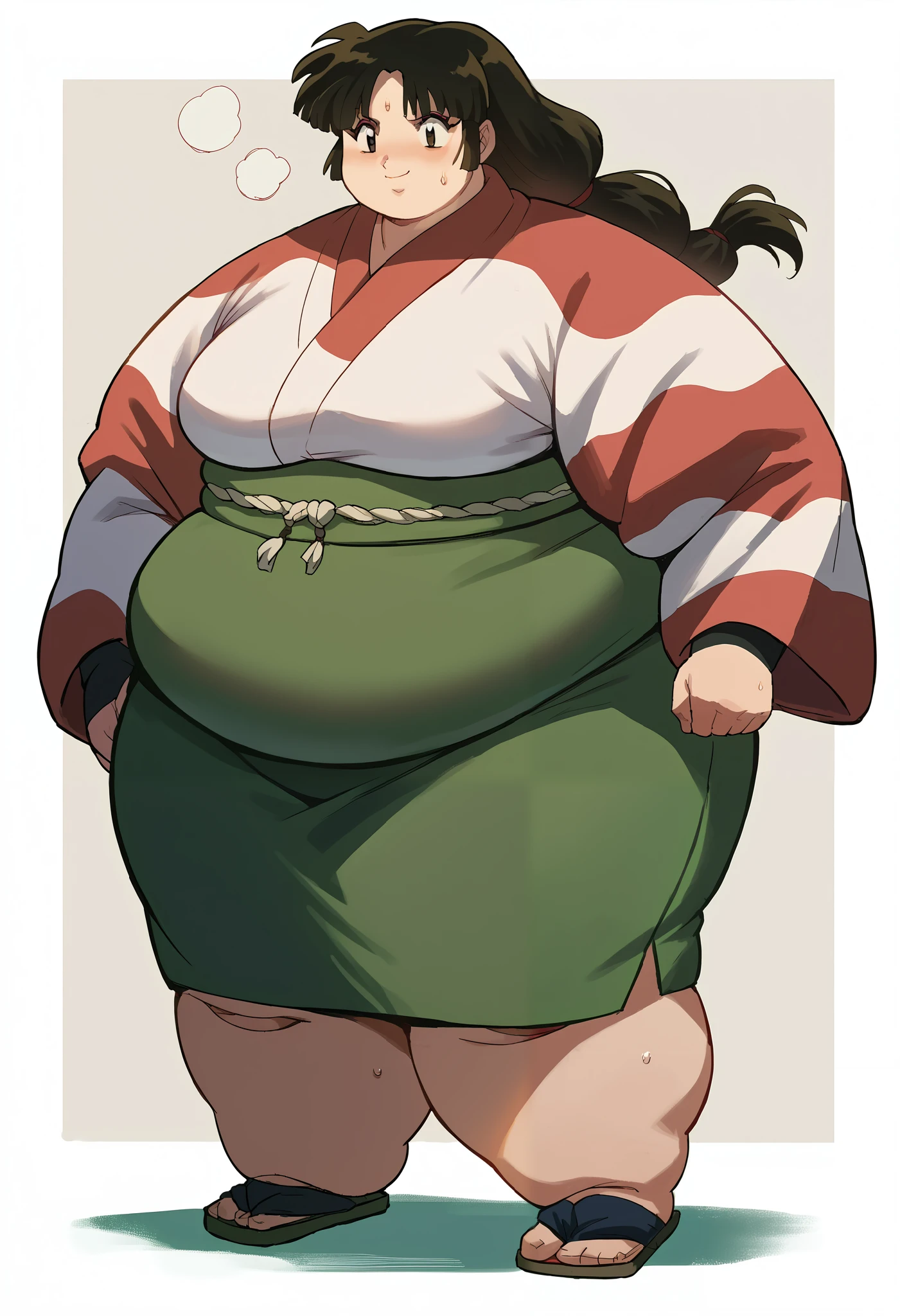score_9, score_8_up, score_7_up, source_anime BREAK 1girl, Sango, smile, sweating, growing fatter, fat, chubby, obese, full body shot, gigantic arms and legs, perfect quality, long sleeves, japanese clothes, wide sleeves, kimono, green skirt, low-tied long hair