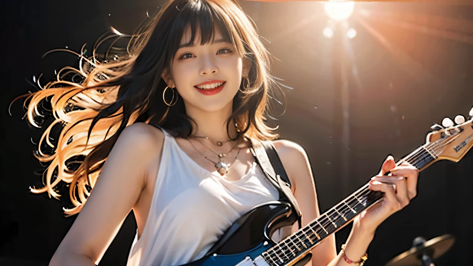 top quality, masterpiece , , ( is present: 1.4), Original photo, Denim Shot, Attractive Smiling Girl Playing Electric Guitar On Live Stage, (dynamic hole ), long hair and big curly hair , flowing hair, Red Gradation Hair , asymmetrical bangs, Bobcut Bobcut, cross pendant necklace , earrings, White punk rock outfit, Colorful live lighting, Spotlight