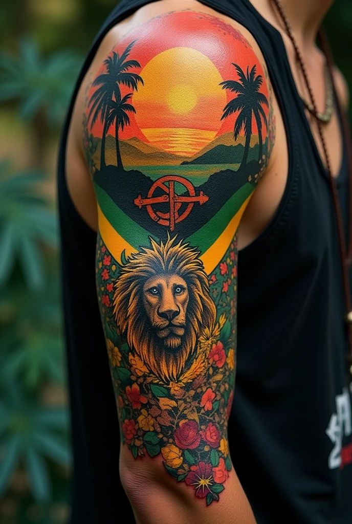 (レゲエ スターを崇拝するlike者の背中に彫られたボブ マーリーをモチーフにしたタトゥー)、Back Tattoo、Ultra-realistic、4K、Photorealistic、Cinematic lighting、Dramatic Chiaroscuro、Intricate details、Vibrant colors、Reggae music、like々New Energy、Tattoo Artist、Body Art、Detailed skin texture