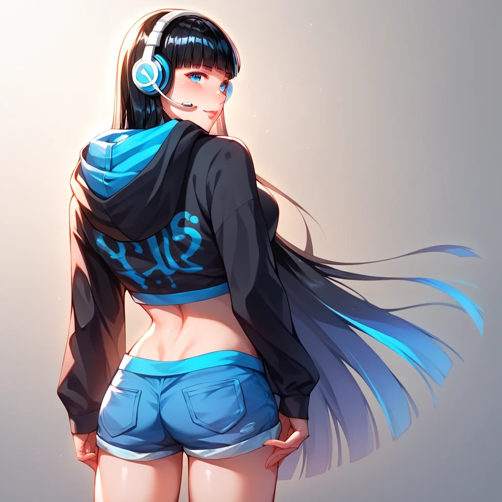 (( black hair))、(Light blue inner hair ), best quality 、 ( professional lighting without shadows )、 surreal, (Nipples:0.4), fascinating、 figure like a slender supermodel、 one girl ,, ( big breasts, Belly button exposed), ( arched , Beautiful Skin )), (明るい and beautiful blue eyes , ((hime cut,long hair )),(Hooded sweatshirt, daisy duke shorts, Long Boots ) , ( beautiful face squinting in bright light ),Wearing headphones , (from behind, cowboy shot, looking back)