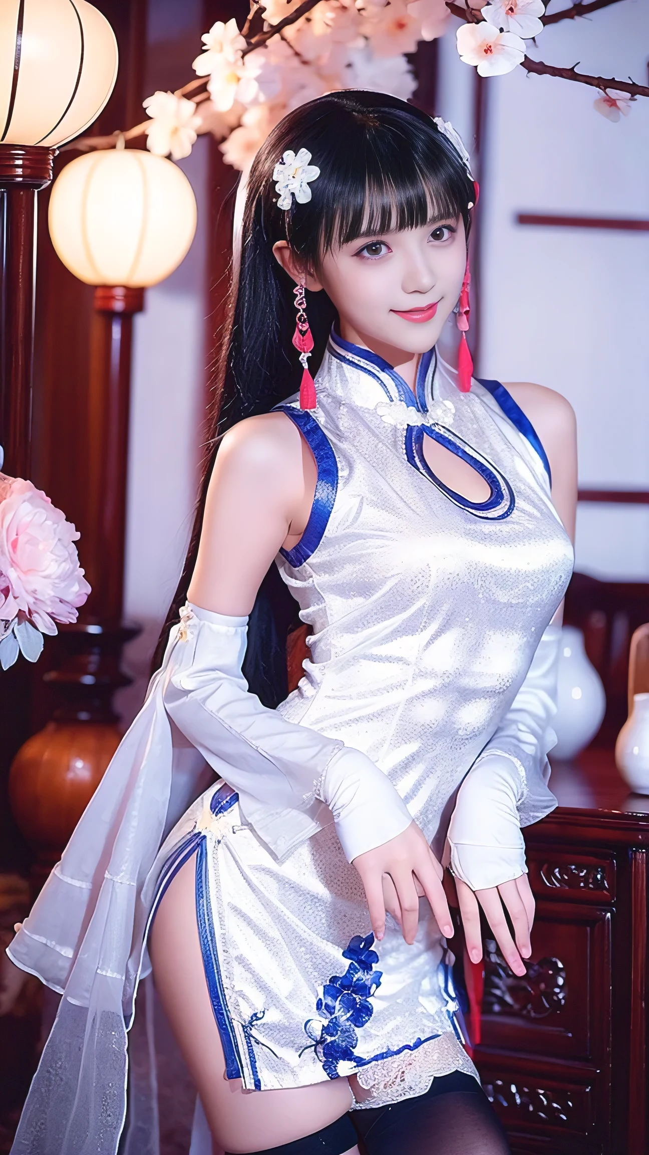 Beautiful Woman , black hair ,elegant ,Smile, Actual , Full HD, bangs,Medium straight hair, (pure white short cheongsam ,Lace,Small Hands) , black gloves ,ultra-short skirt, Lace,Curved Body, Curved Body , gorgeous decoration ,