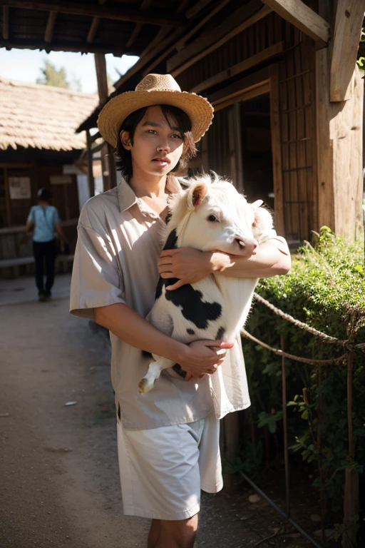  High resolution, Super detailed, masterpiece, highest quality,oriental、boy、Wearing traditional Japanese costumes、alone、boy doing farm work、Hakama、