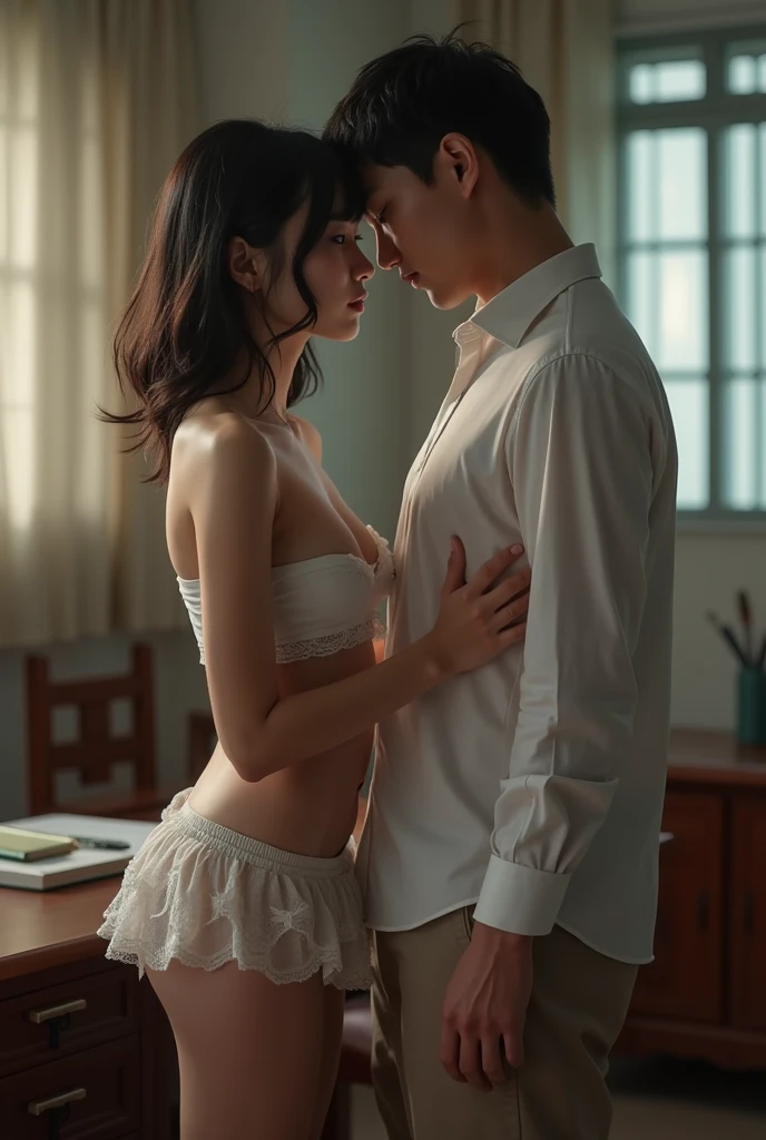 (masterpiece, best quality, photo realistic:1.4), (detailed skin), (UHD, 8K wallpaper, High resolution), Perfect anatomy, Cinematic lighting, physically-based rendering, award-winning, extra detailed face, eyes with beautiful details, Carl Zeiss 85 mm F/1.4, BREAK, (((1man and 1girl, having sex:1.3))), (upright straddle:1.5), on the floor, BREAK, very cute 18-year-old schoolgirl, (brown short hair), (small breasts), (naked:1.3), (1girl: noseblush and naughty, almost closed eyes:1.1), (1man: a handsome man, naked and (he is grabbing girl's breasts) with no expression:1.3), BREAK, (in the midnight classroom, moonlight), view from diagonally forward, view from below